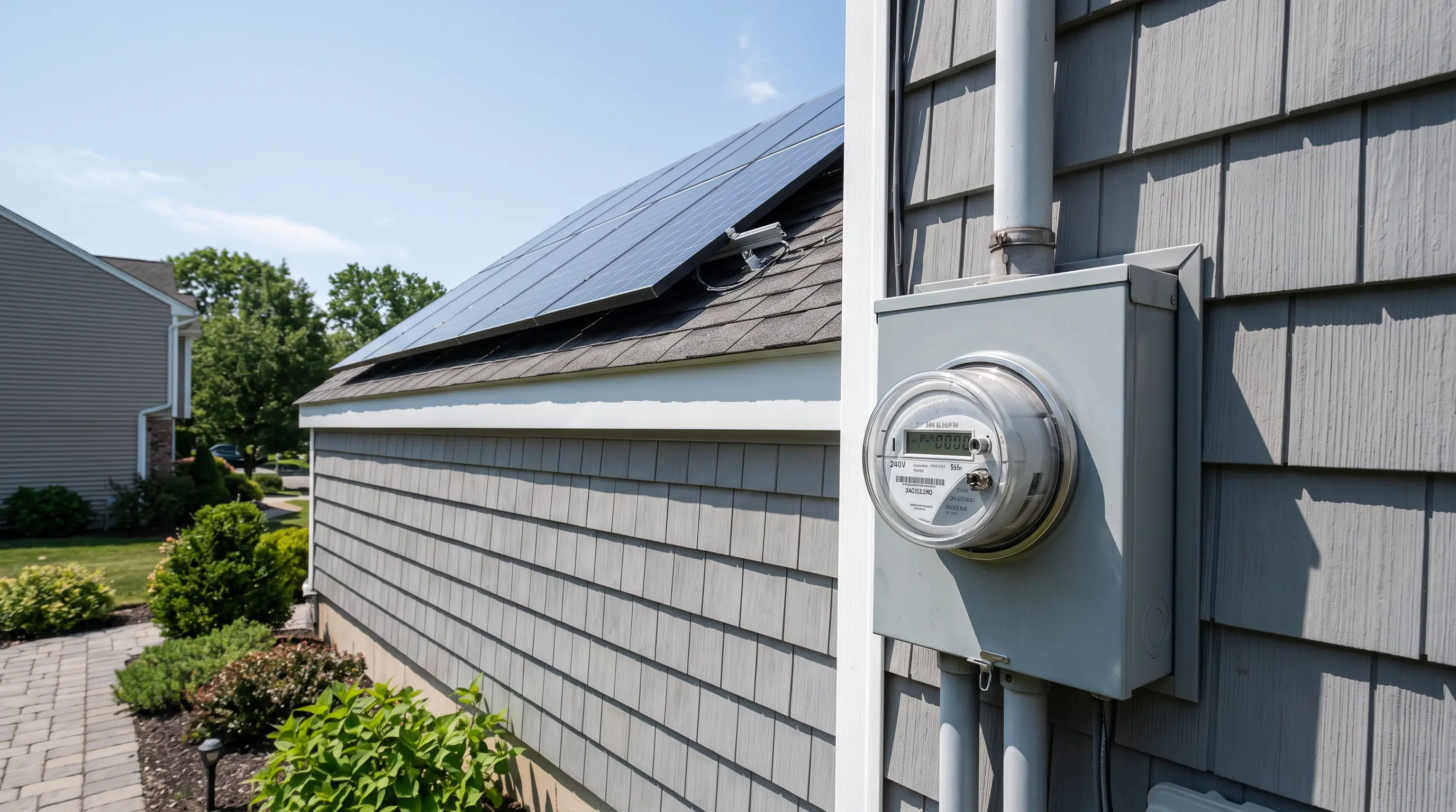 Rooftop solar panels and an electric meter showing the system used to calculate long-term payback.