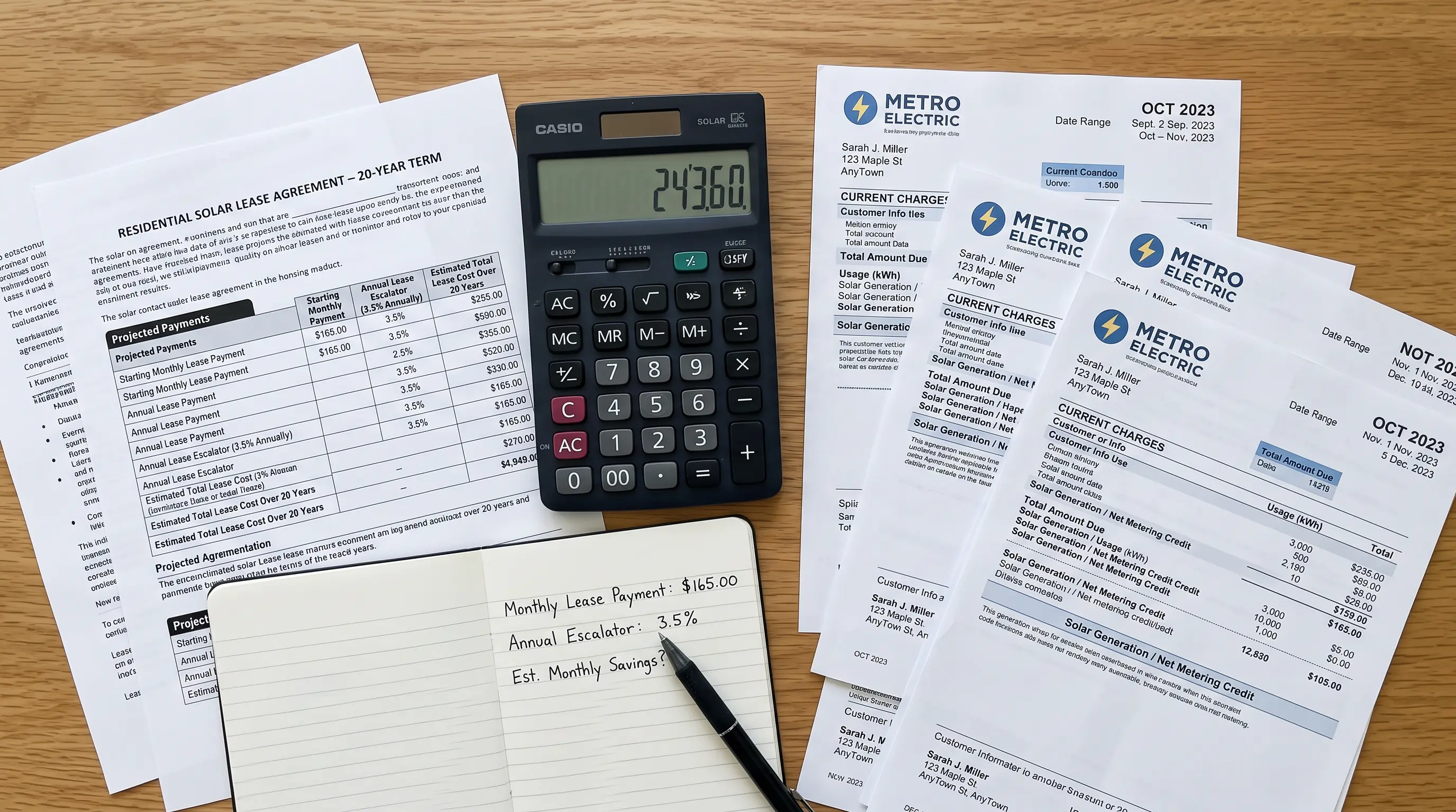 Solar lease documents, utility bills, and calculator used to estimate long-term costs