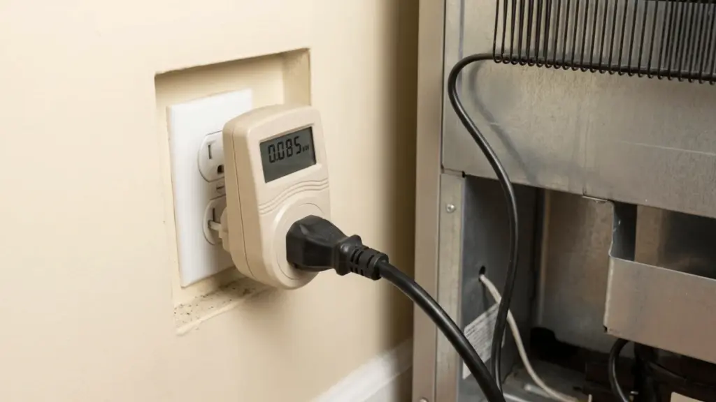 Plug-in power meter connected between a refrigerator's cord and a wall outlet