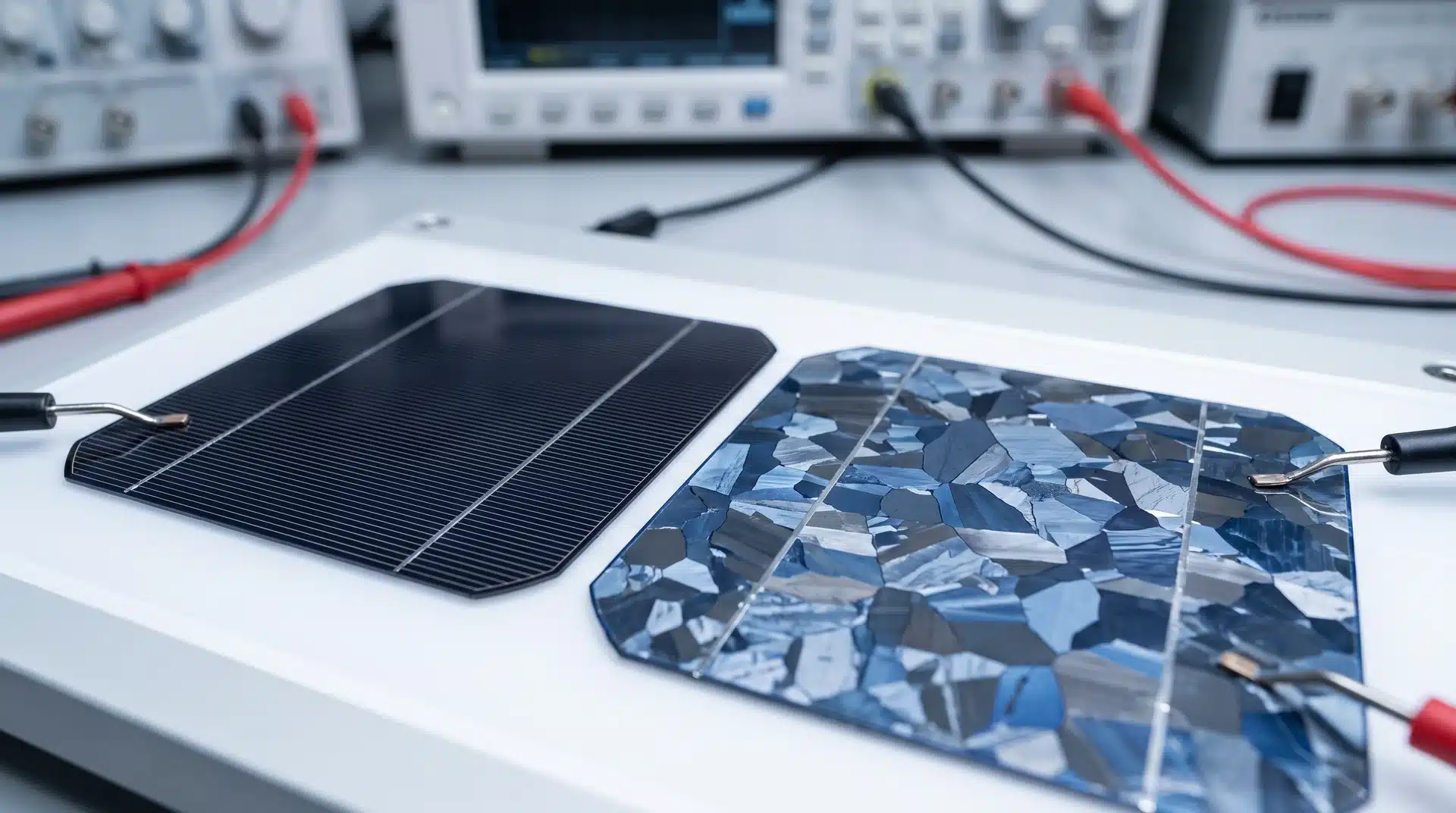 Close-up of monocrystalline and polycrystalline solar cells showing different silicon structures