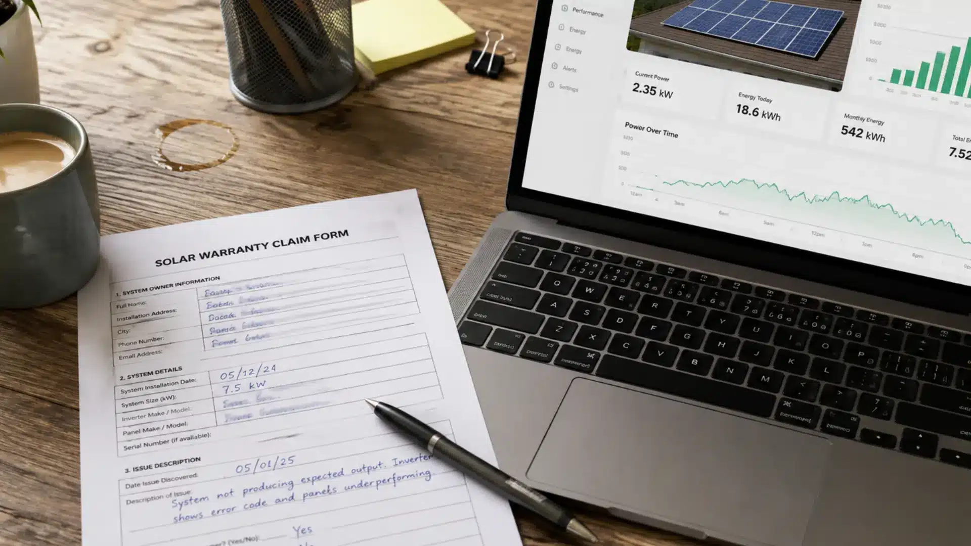 Solar warranty claim form on a desk beside a laptop displaying a solar monitoring app