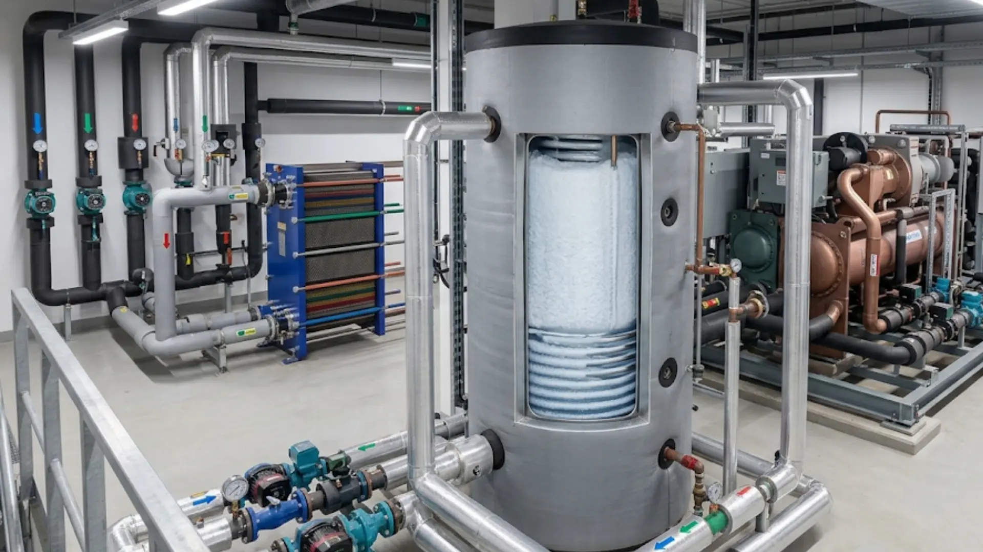 Insulated ice storage tank connects with pumps, pipes, and heat exchanger to provide solar-powered cooling after sunset for large buildings
