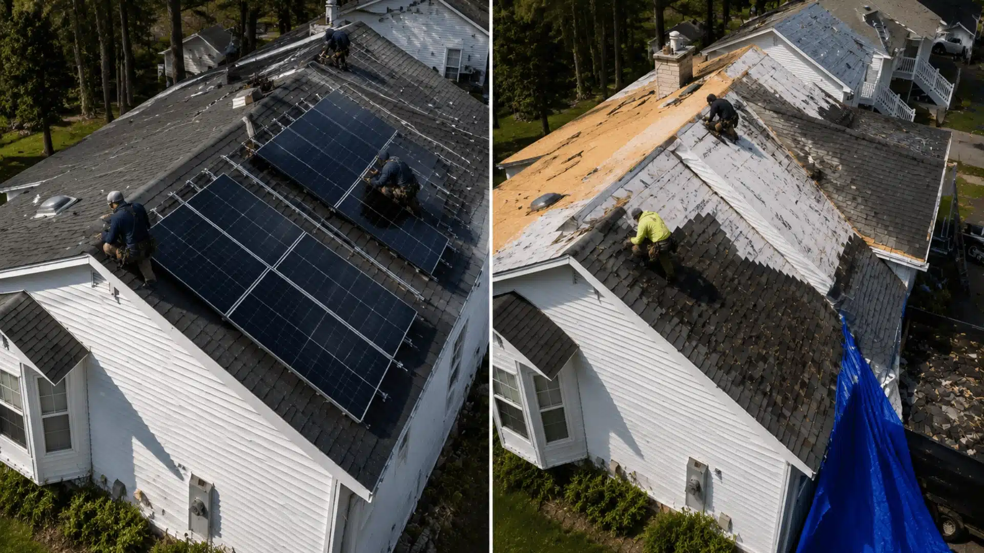 Aerial split view of workers installing solar panels and replacing shingles on a white house roof.