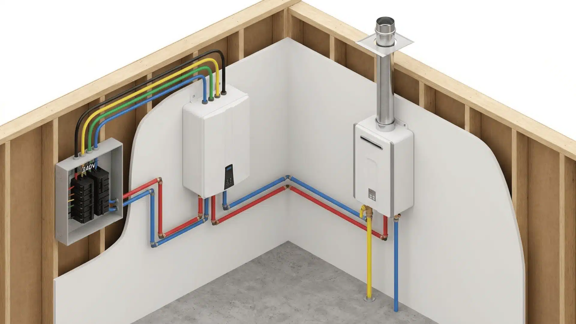 Tankless water heater installation showing electrical and gas connections