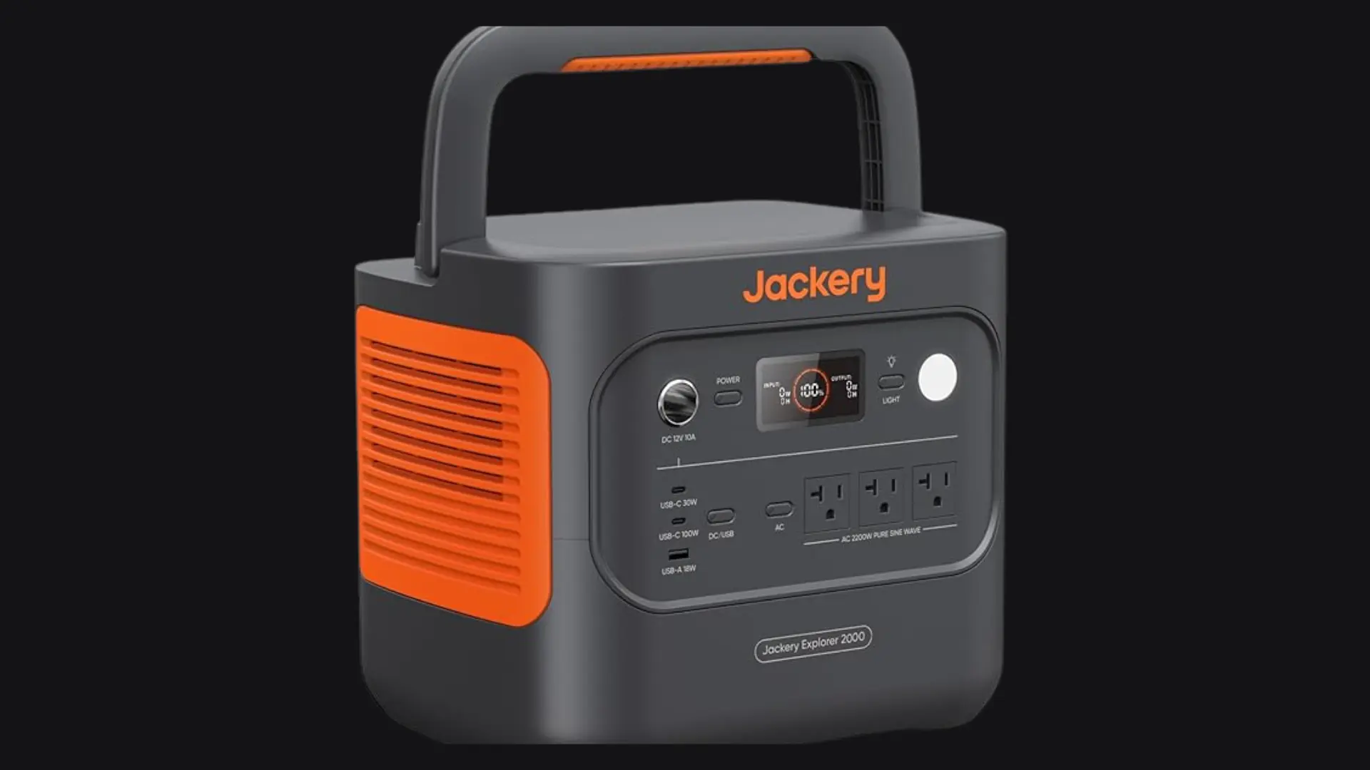 Jackery portable solar generator with digital display, three AC outlets, USB ports, side ventilation, and built-in carry handle