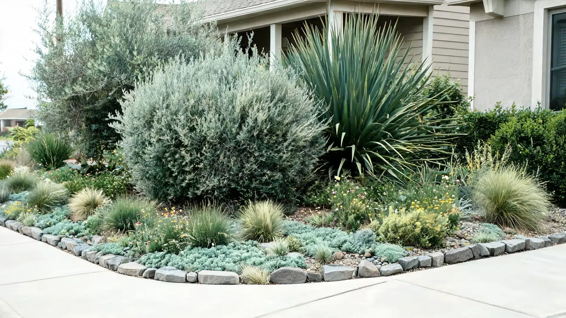 Large native drought-tolerant plants centered in a small front yard xeriscape bed with smaller plants around them