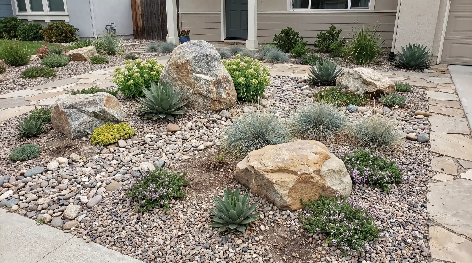 Large stones surrounded by spaced drought-tolerant plants in a xeriscape rock garden