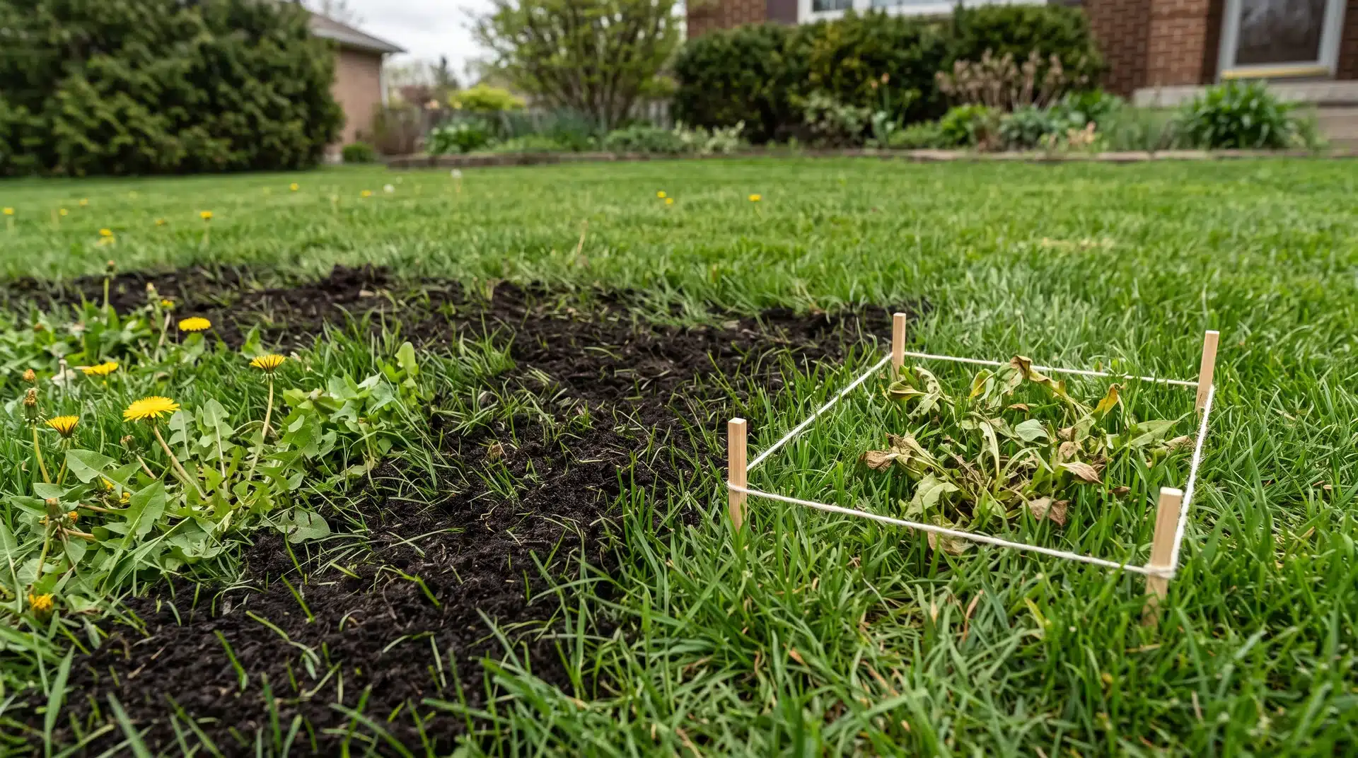 Lawn with compost applied to grass and a small targeted weed control area