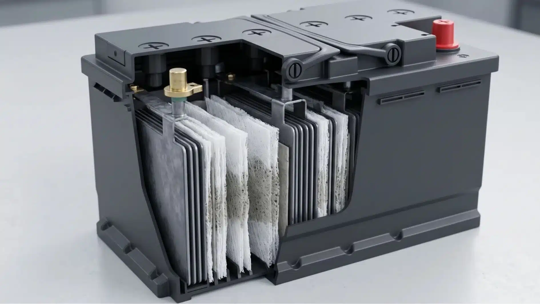 Cutaway AGM battery showing lead plates and fiberglass separators inside the casing