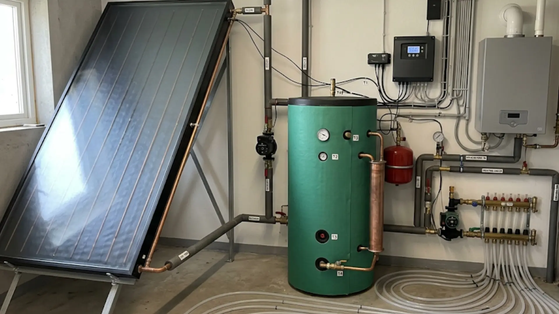 equipment room displaying an active solar heating system with a collector, storage tank, controller, boiler, and floor loops