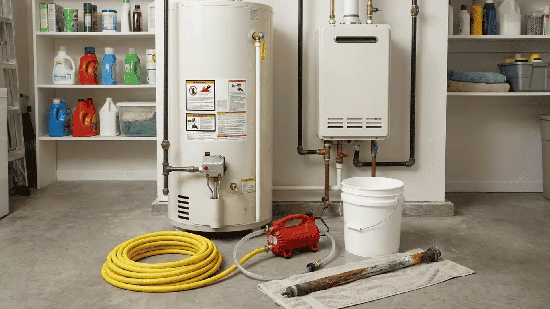 Tank and tankless water heaters with flushing hose, descaling pump, bucket, and anode rod