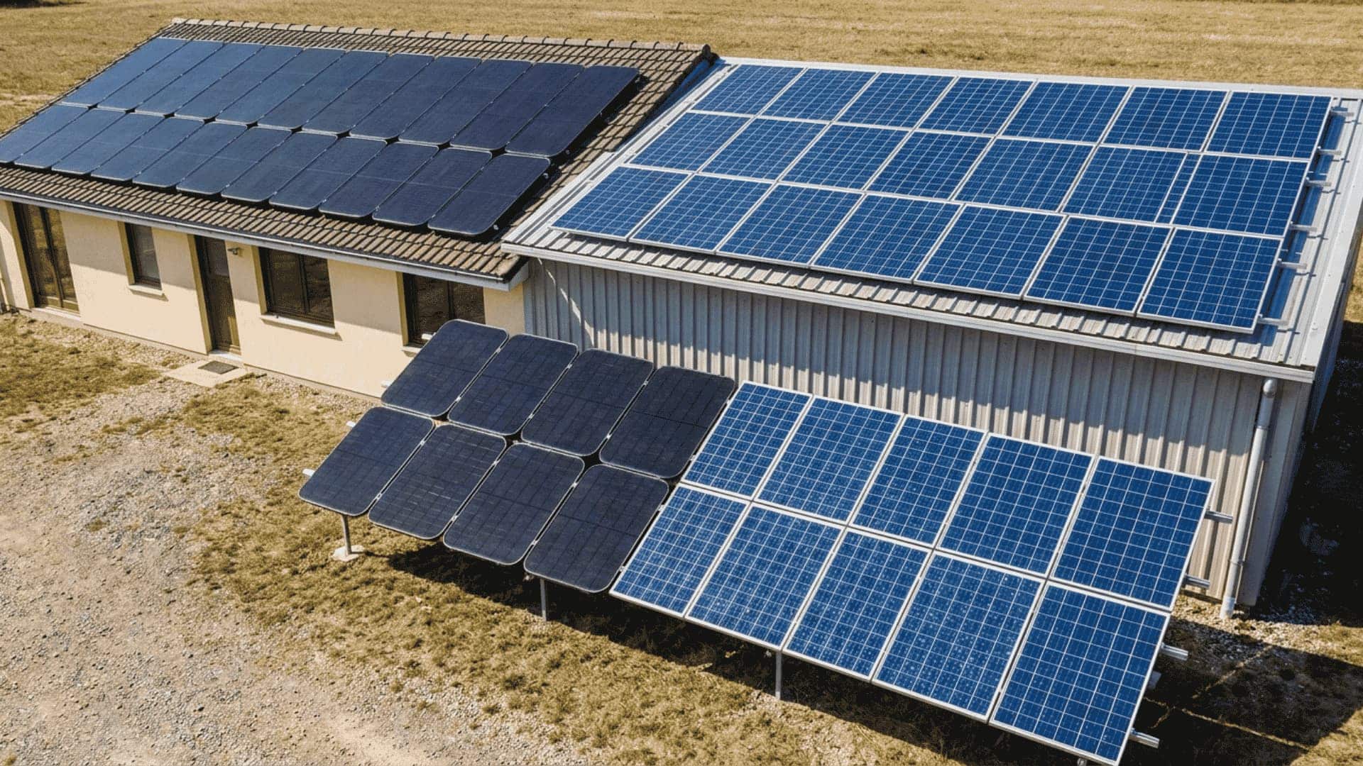 Monocrystalline and polycrystalline solar panels placed side by side on an installation surface