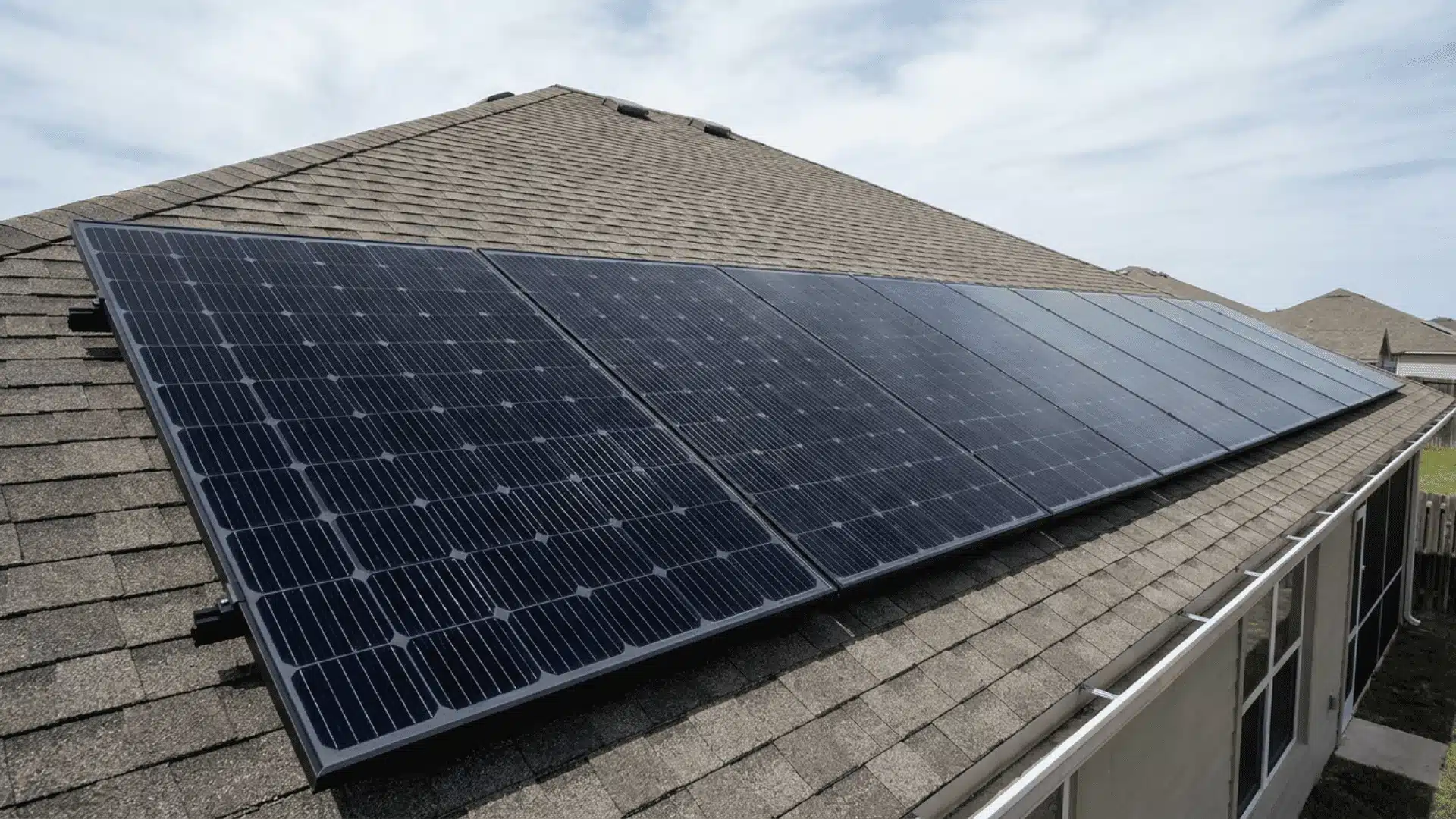 Monocrystalline solar panels installed on a sloped residential roof