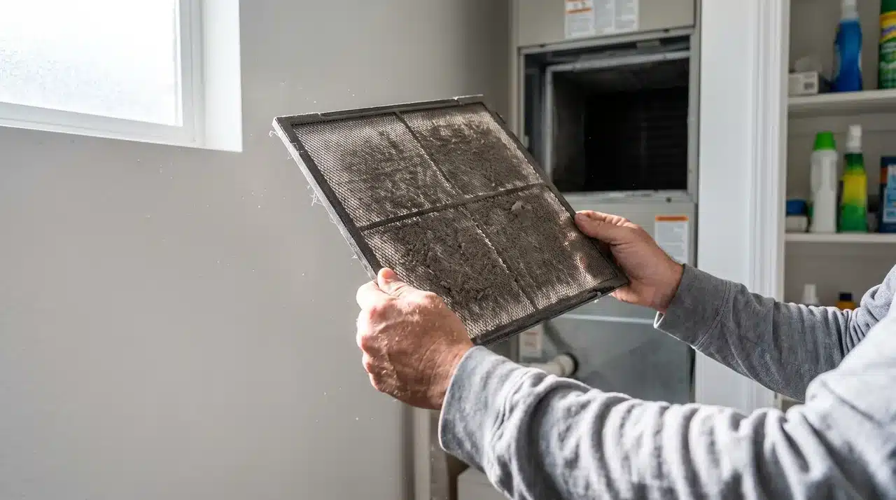 A person holding up a dirty, dust-covered air filter removed from an indoor HVAC unit.