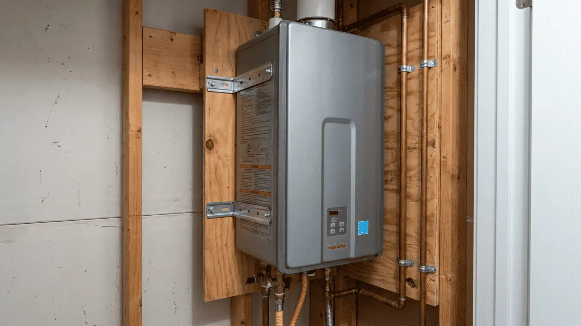 Tankless water heater mounted on plywood backing attached to wall studs