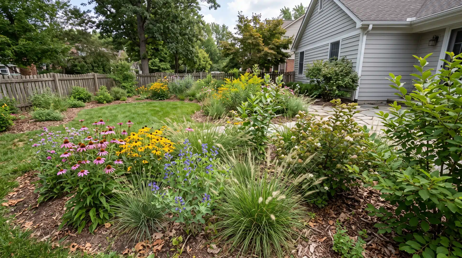 Native plants growing together in a residential garden bed