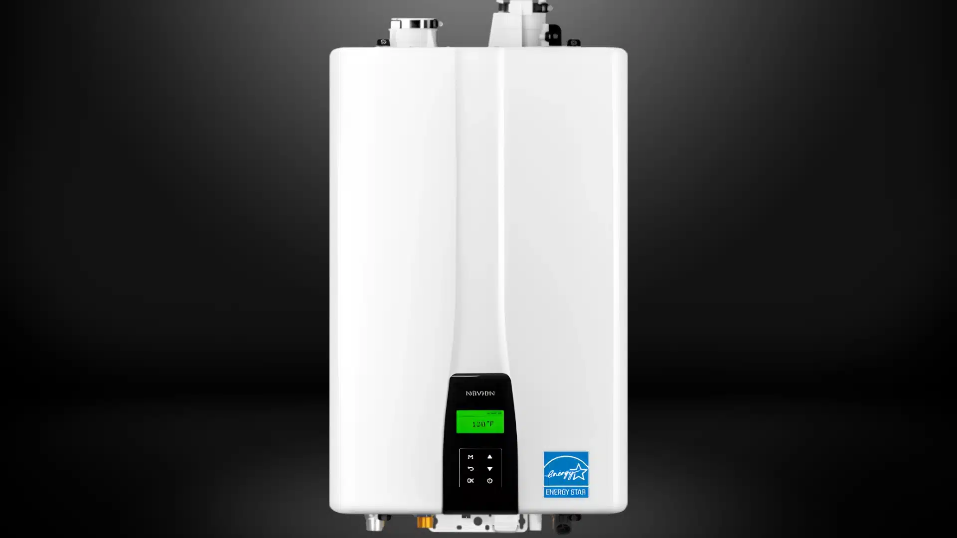 A modern white Navien tankless water heater with a green digital display screen.
