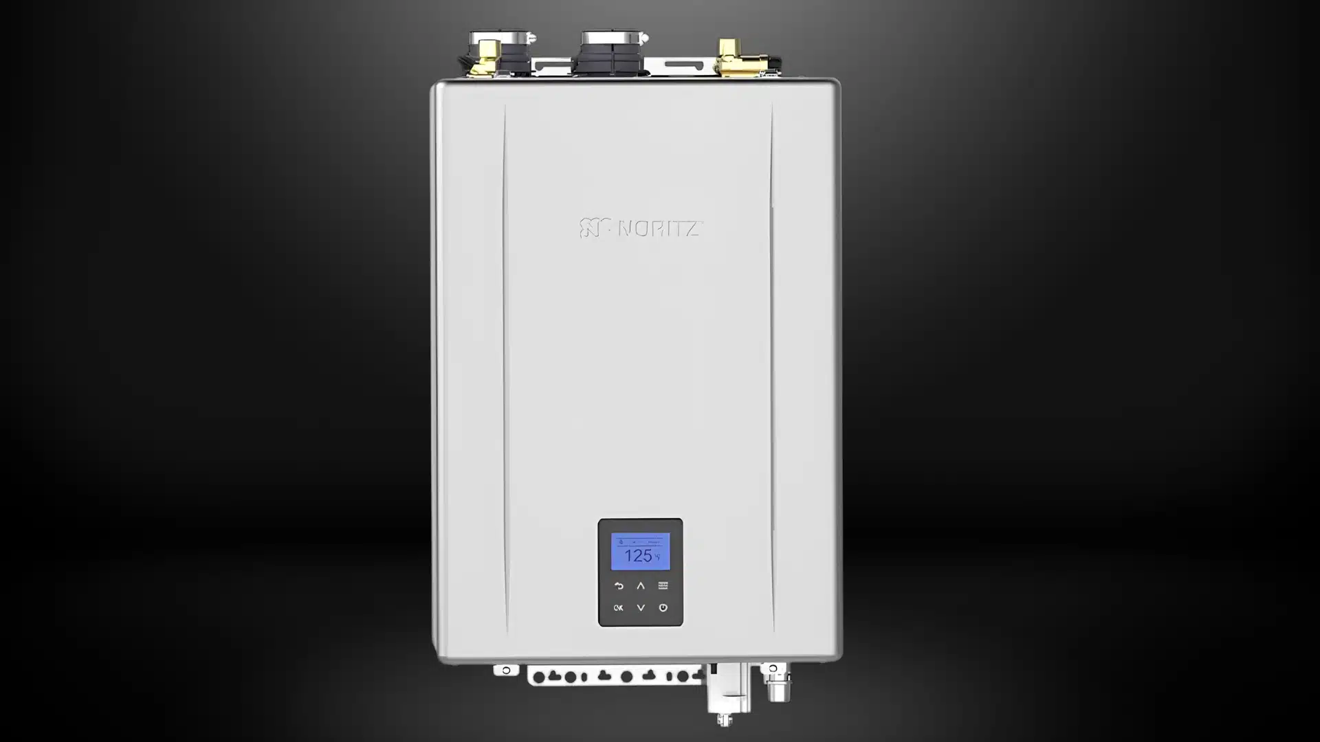 A sleek white Rinnai tankless water heater isolated against a dark gray background.