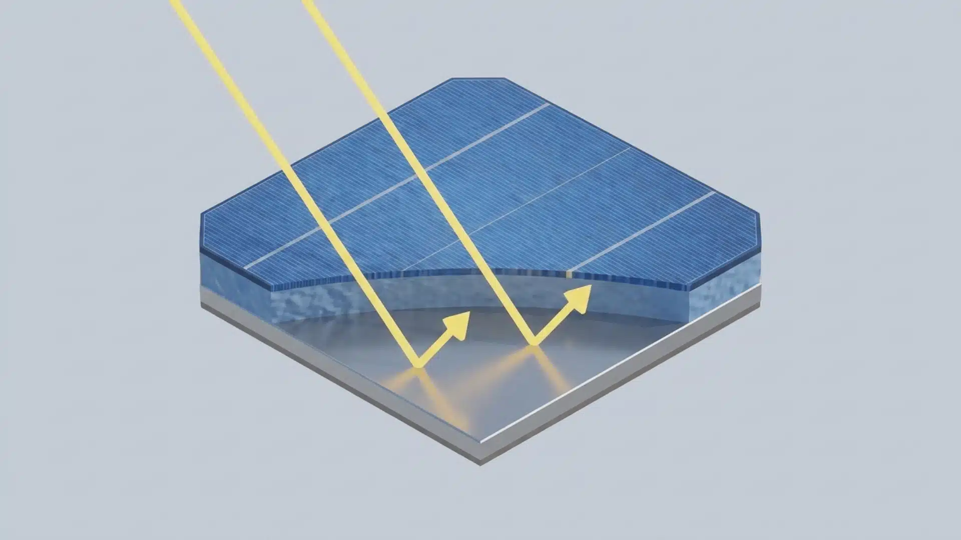 Cutaway PERC solar cell with a reflective rear layer beneath the silicon