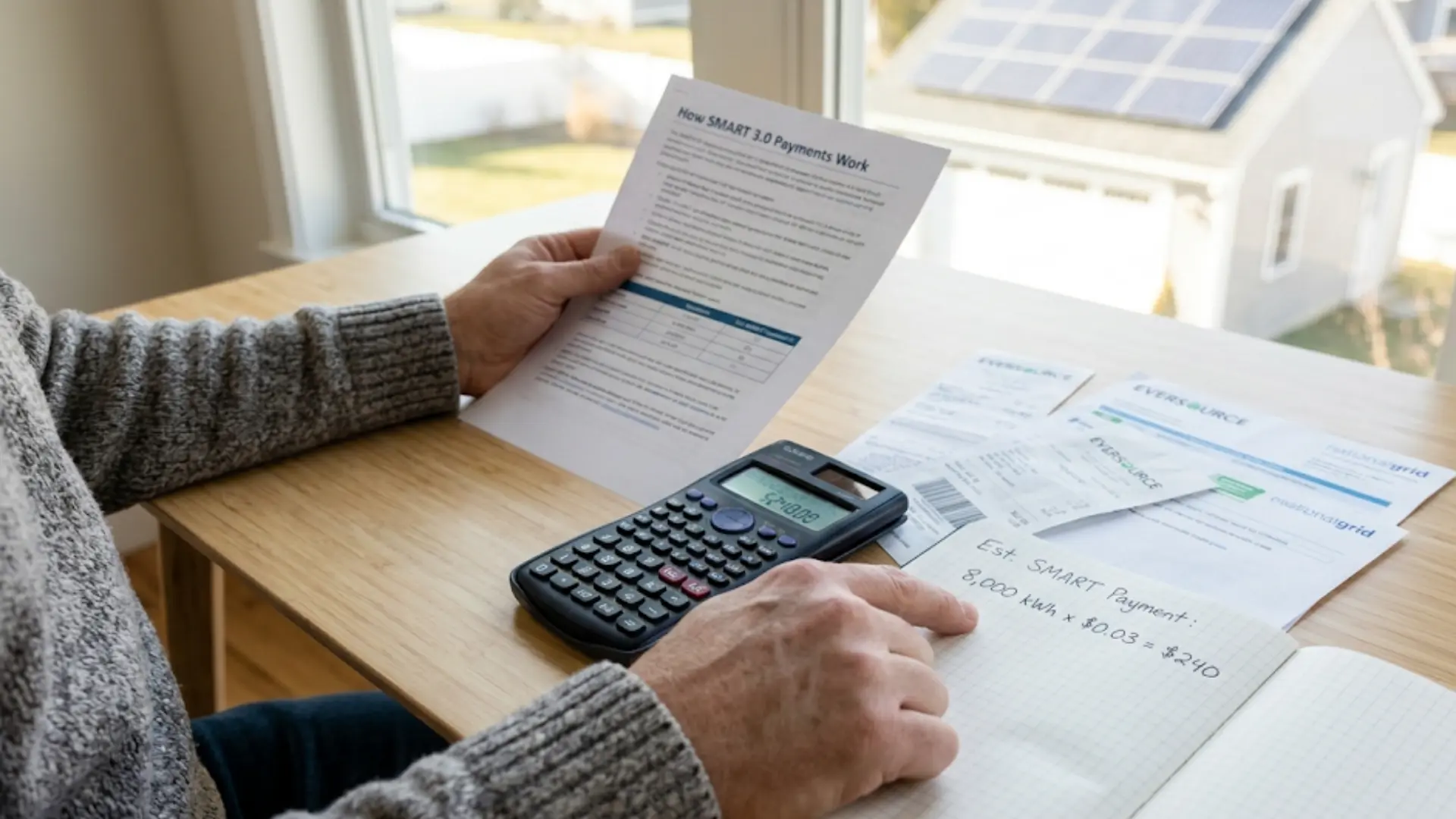 person at a wooden desk calculates residential solar SMART payments with utility bills, a notebook, and rooftop solar panels visible outside