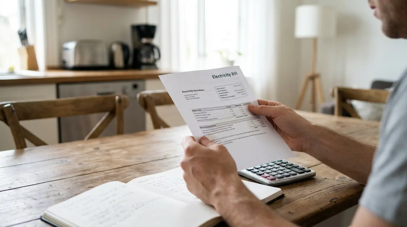 Person reading an electricity bill to identify monthly kilowatt-hour (kWh) usage and energy costs.