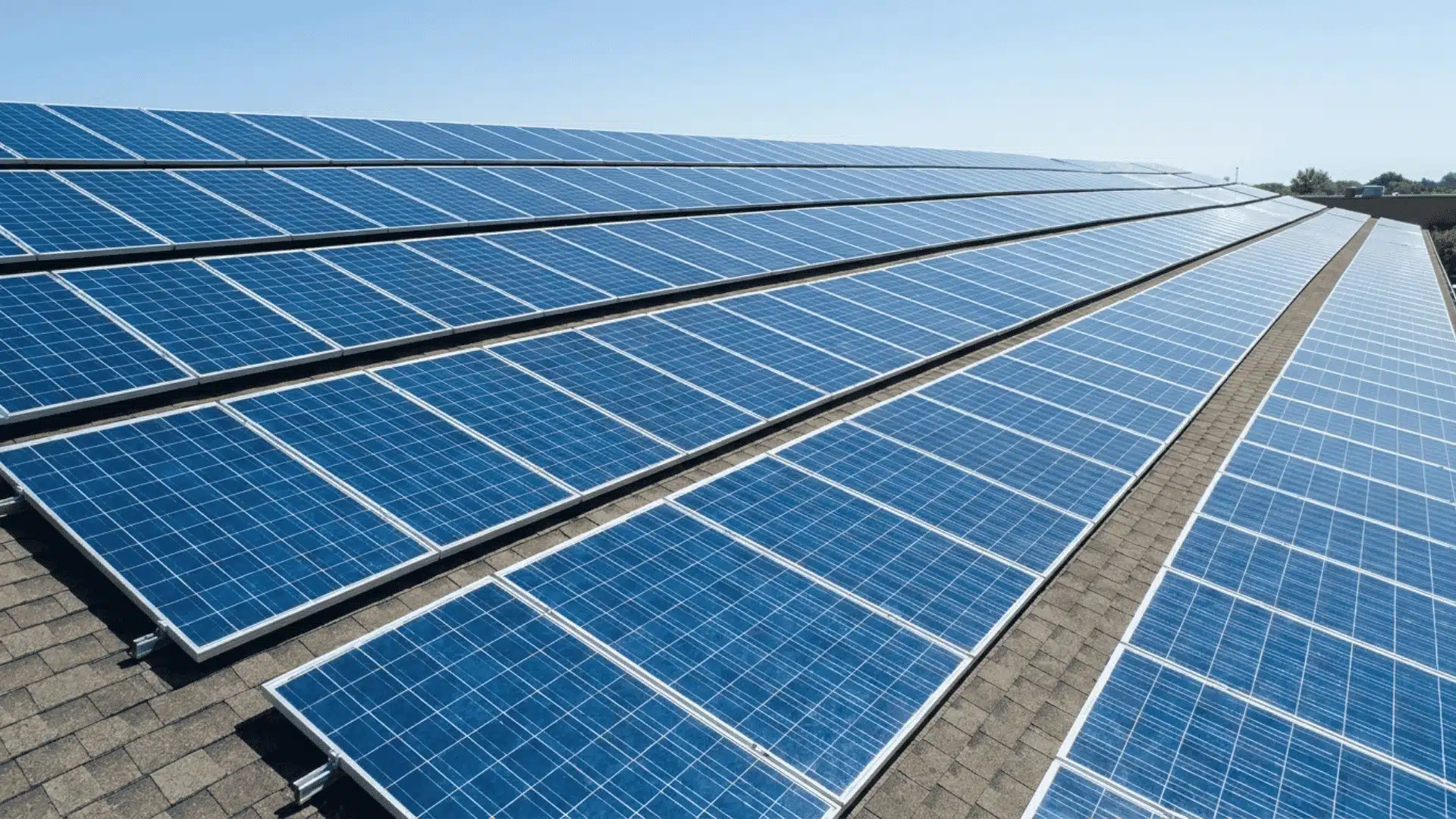 Polycrystalline solar panels covering a large sunny roof