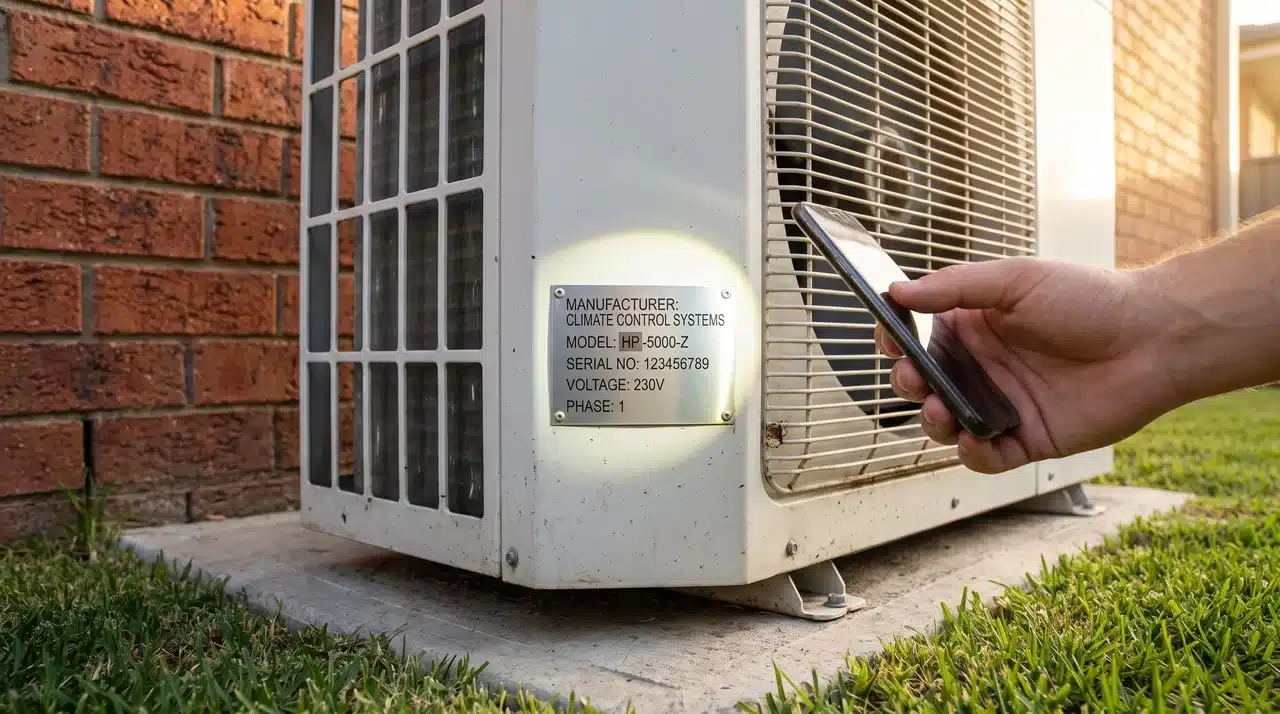 Hand holding a smartphone flashlight aimed at a heat pump outdoor unit data plate showing a model number with HP clearly visible.