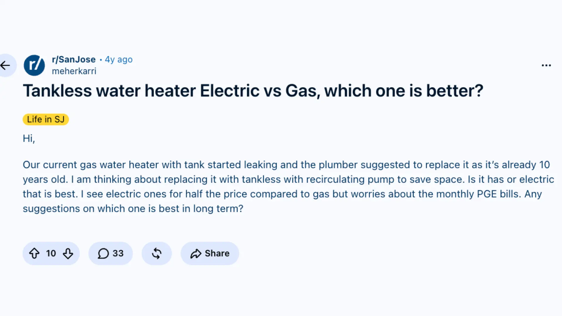 reddit post asking whether gas or electric tankless water heaters offer better long-term value, installation costs, and monthly energy savings