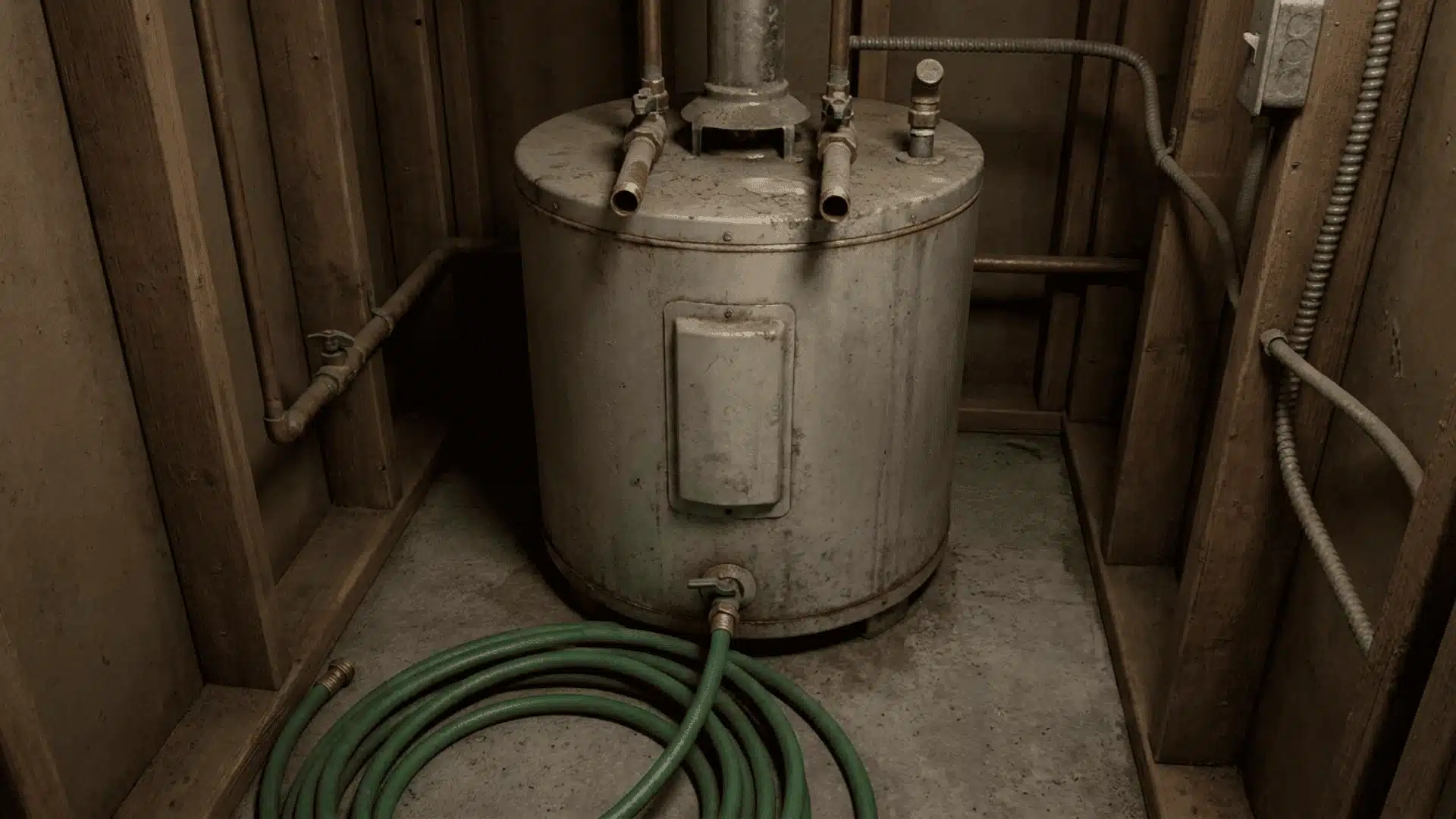 Tank water heater with drain hose and disconnected utility connections