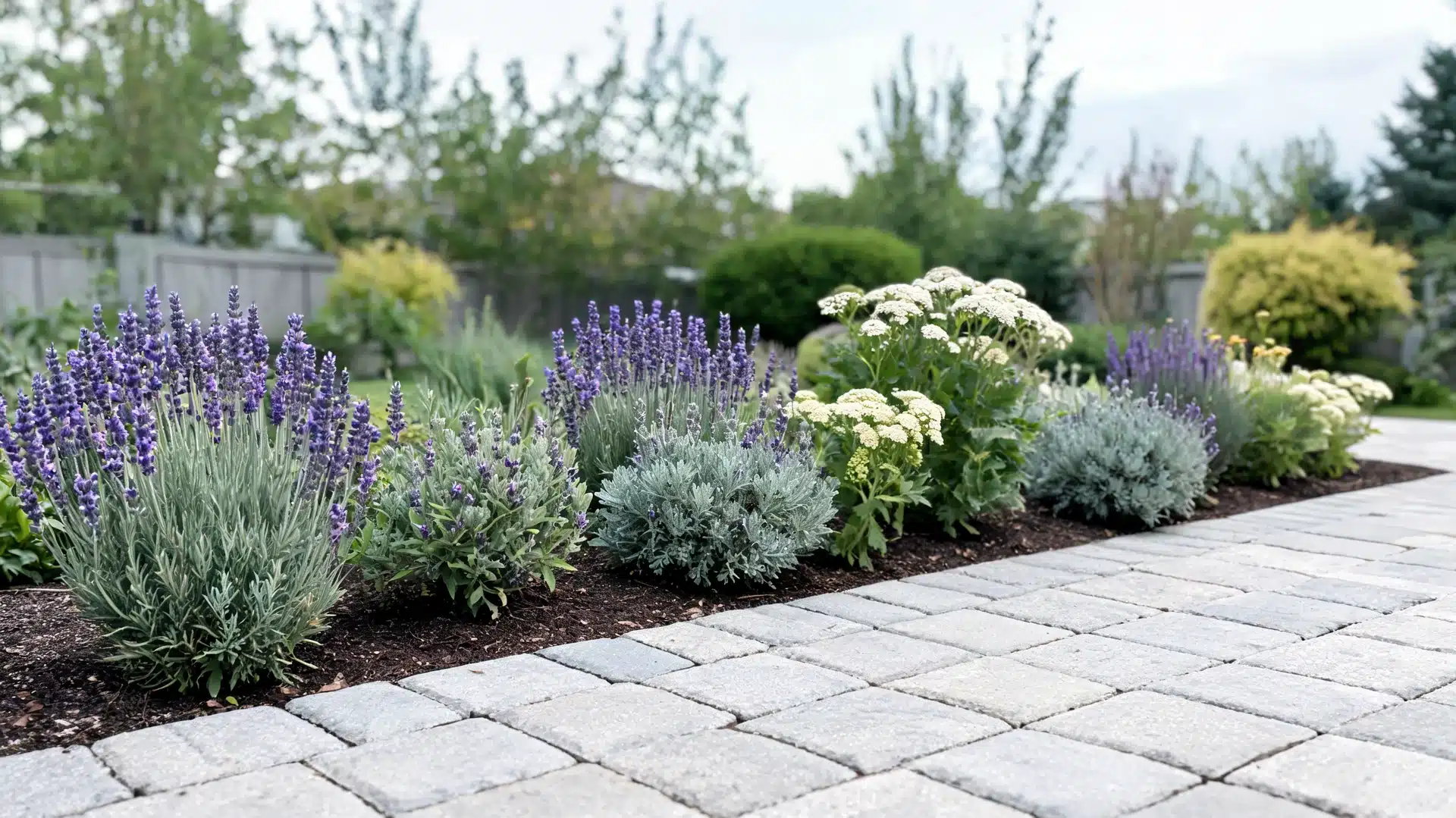 Repeating groups of lavender, sage, and yarrow in a planting bed near a walkway Filename: lavender-sage-xeriscape-perennials
