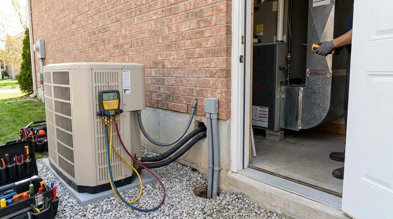 Residential heat pump installation with outdoor unit connections and system testing setup