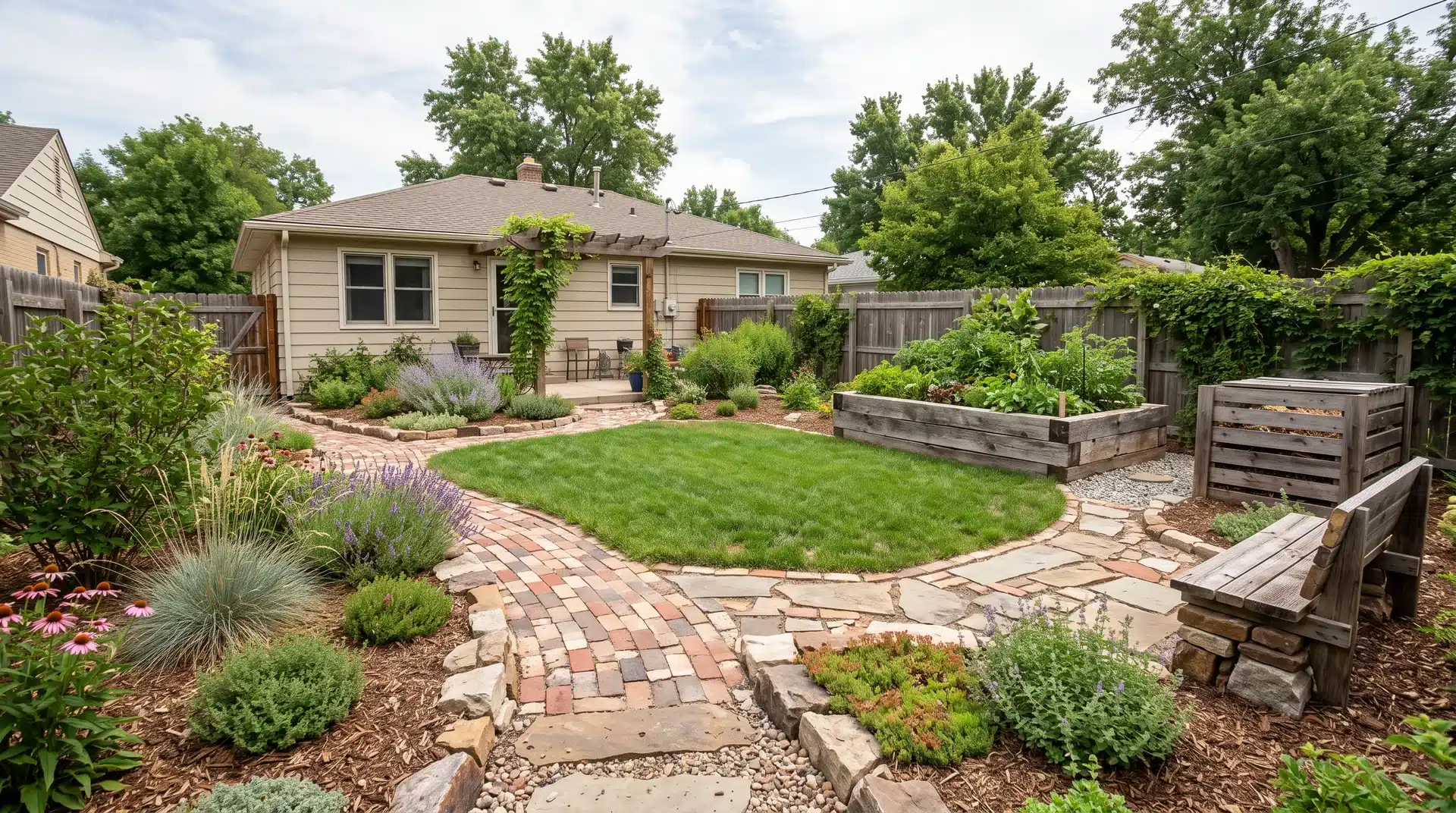 Residential yard with reduced lawn area and recycled stone and wood features