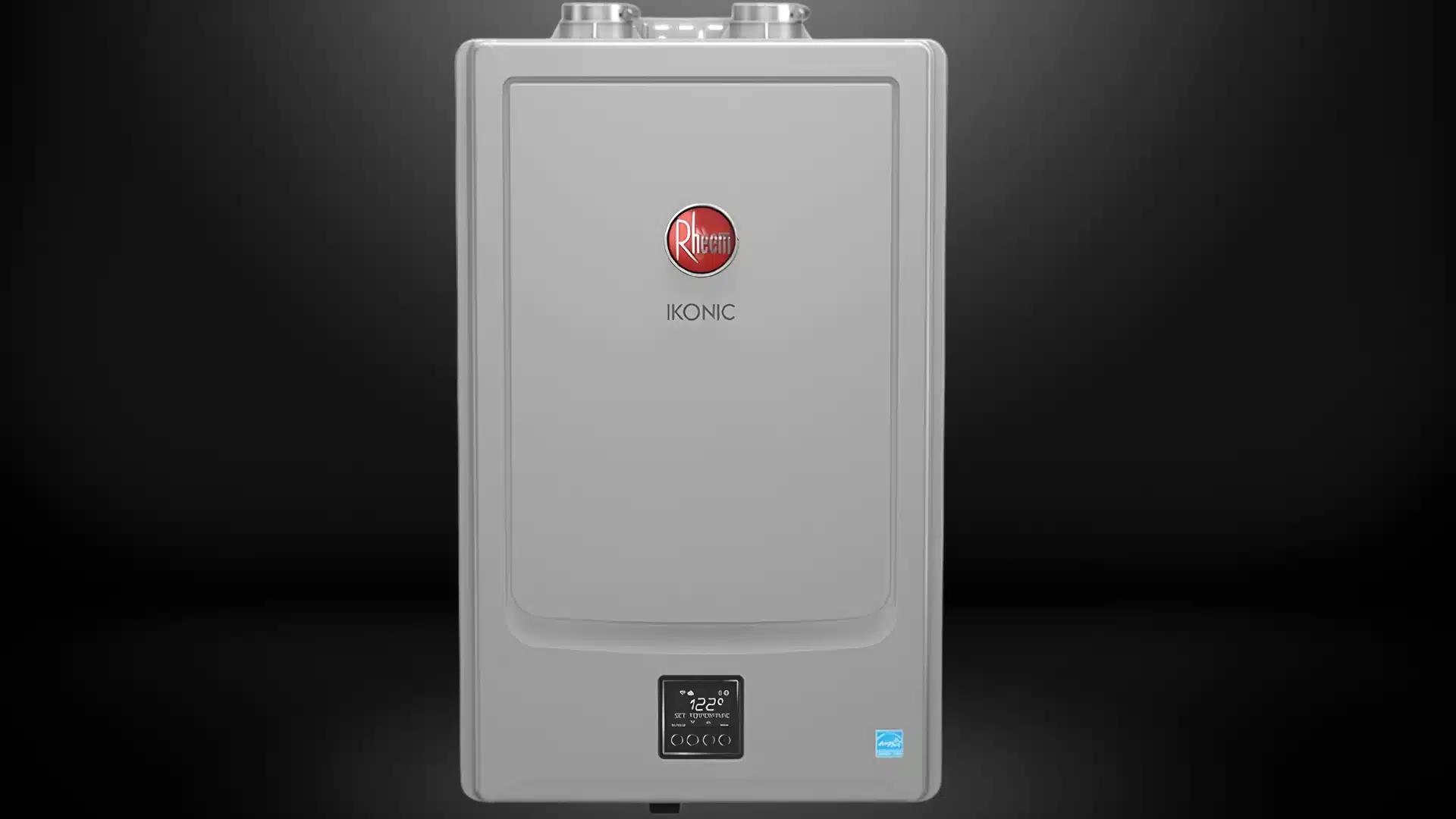 A gray Rheem IKONIC tankless water heater with a small digital control panel.