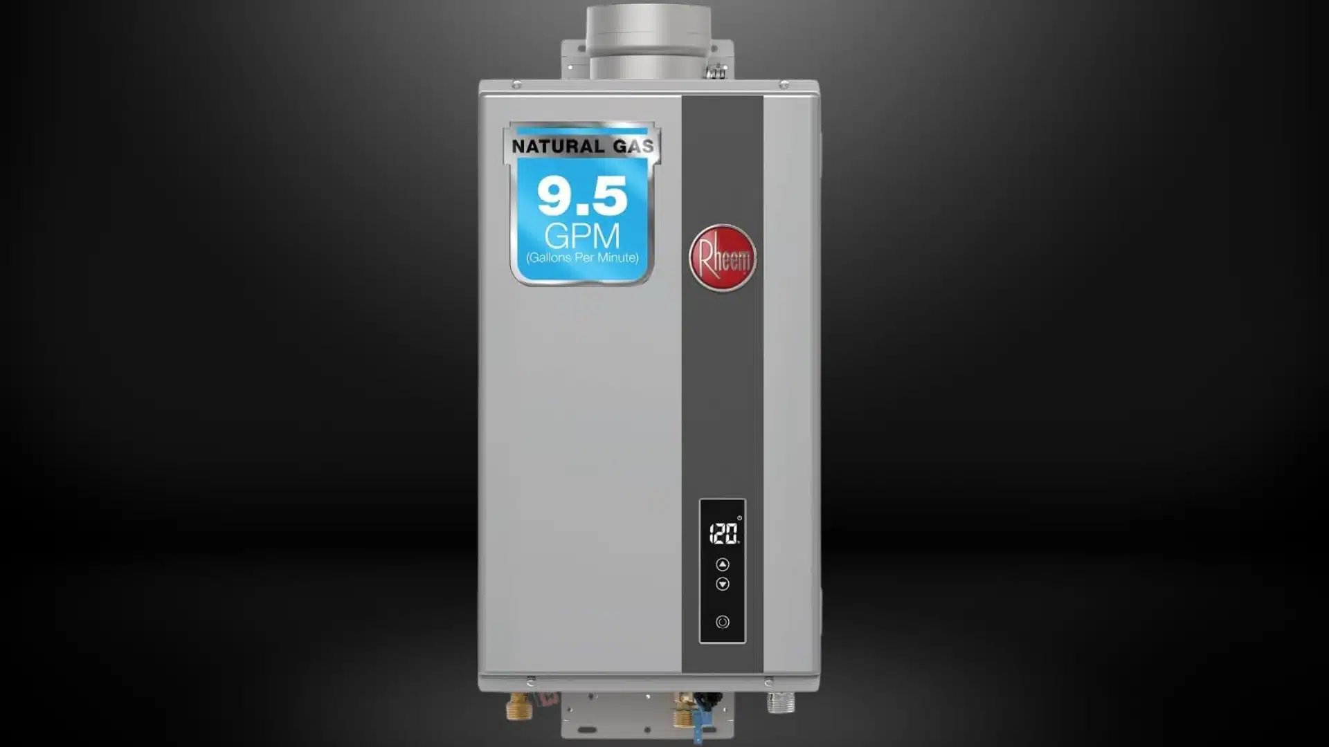 A Rheem natural gas tankless water heater showing a 9.5 GPM rating label.