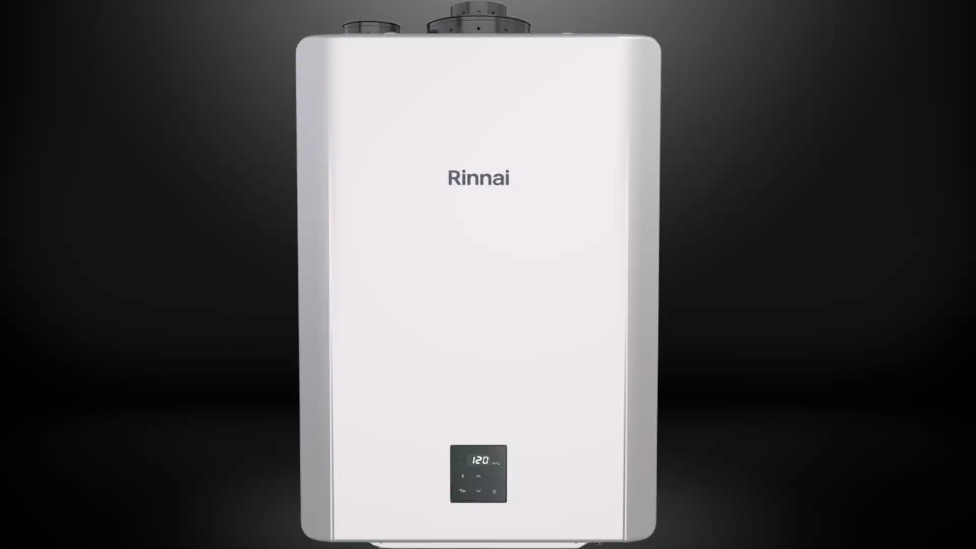 A sleek white Rinnai tankless water heater isolated against a dark gray background.