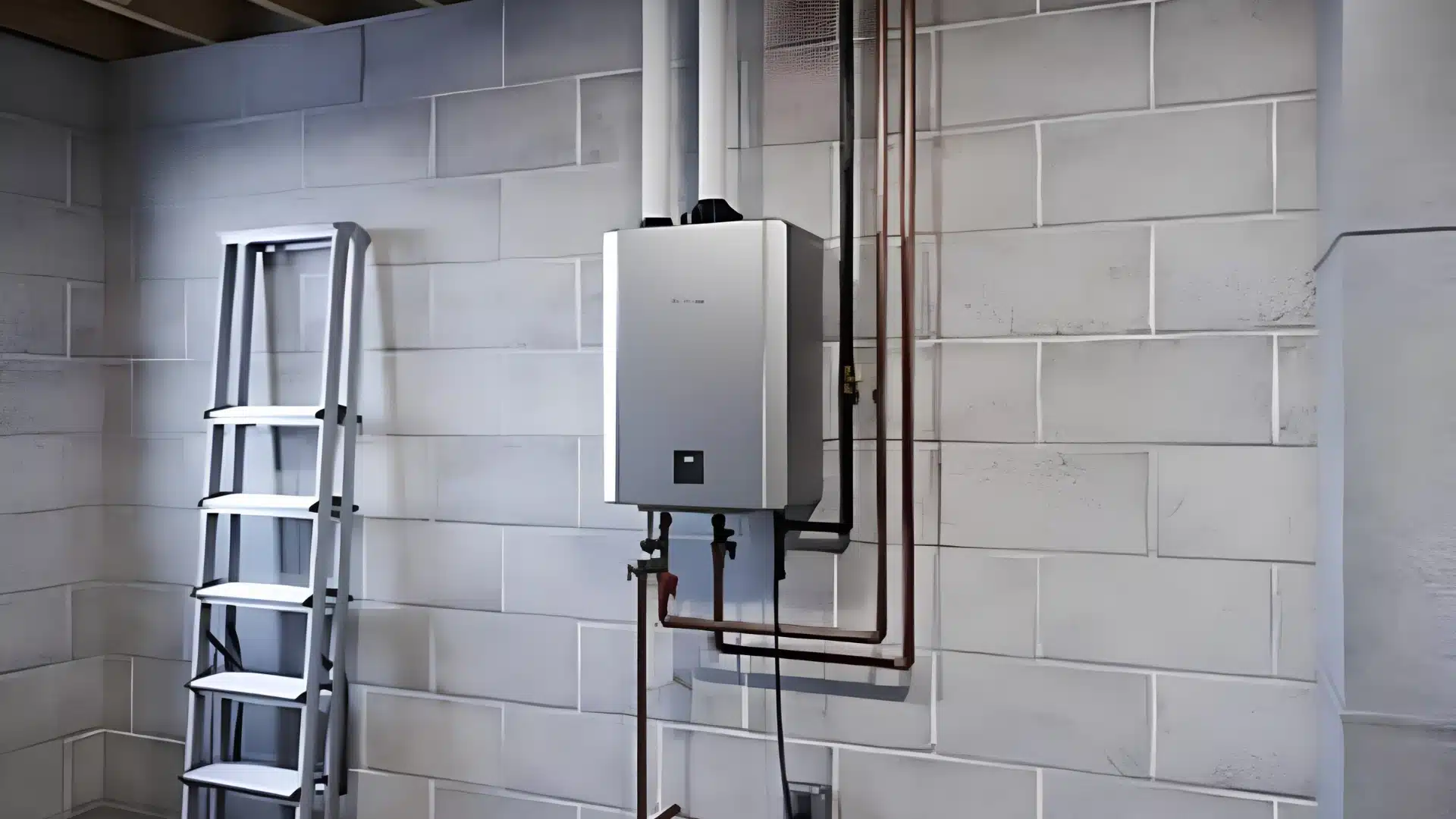 A wall-mounted tankless water heater installed in a basement next to a ladder.