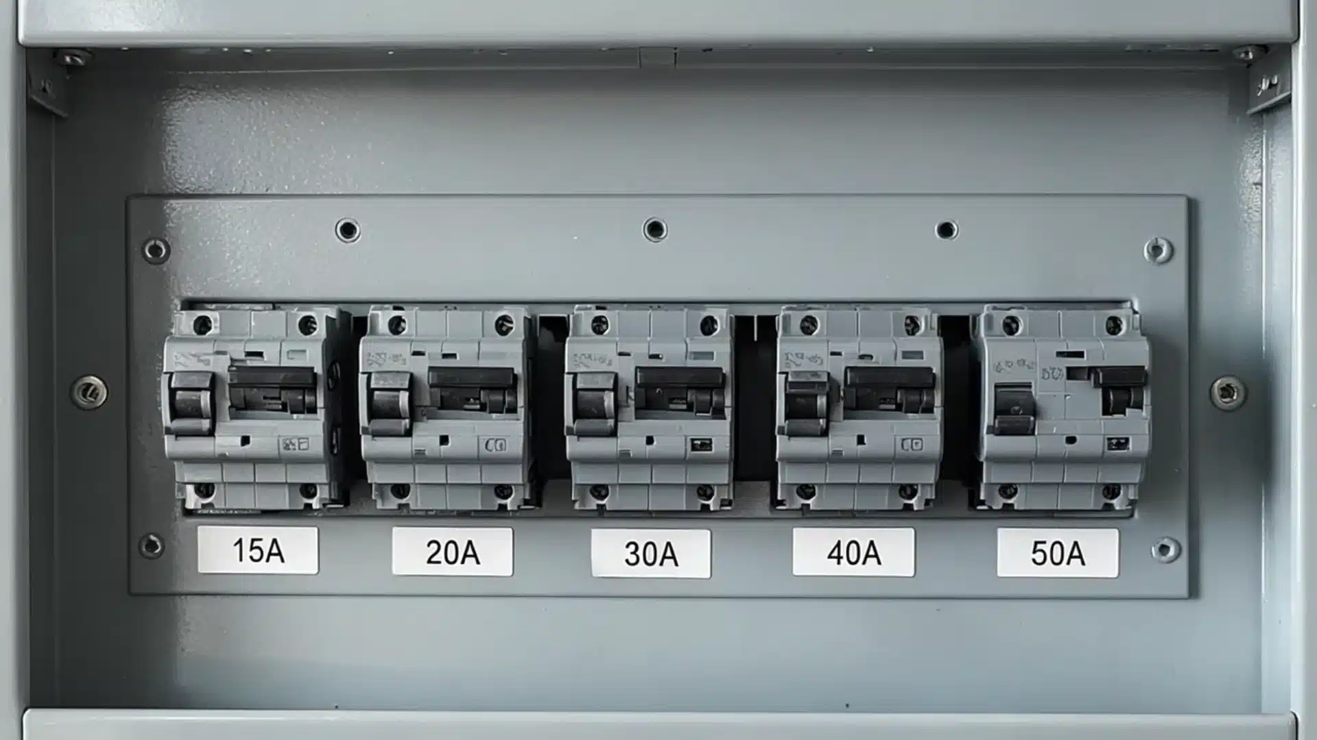 Row of labeled circuit breakers inside an electrical panel showing amperage ratings.