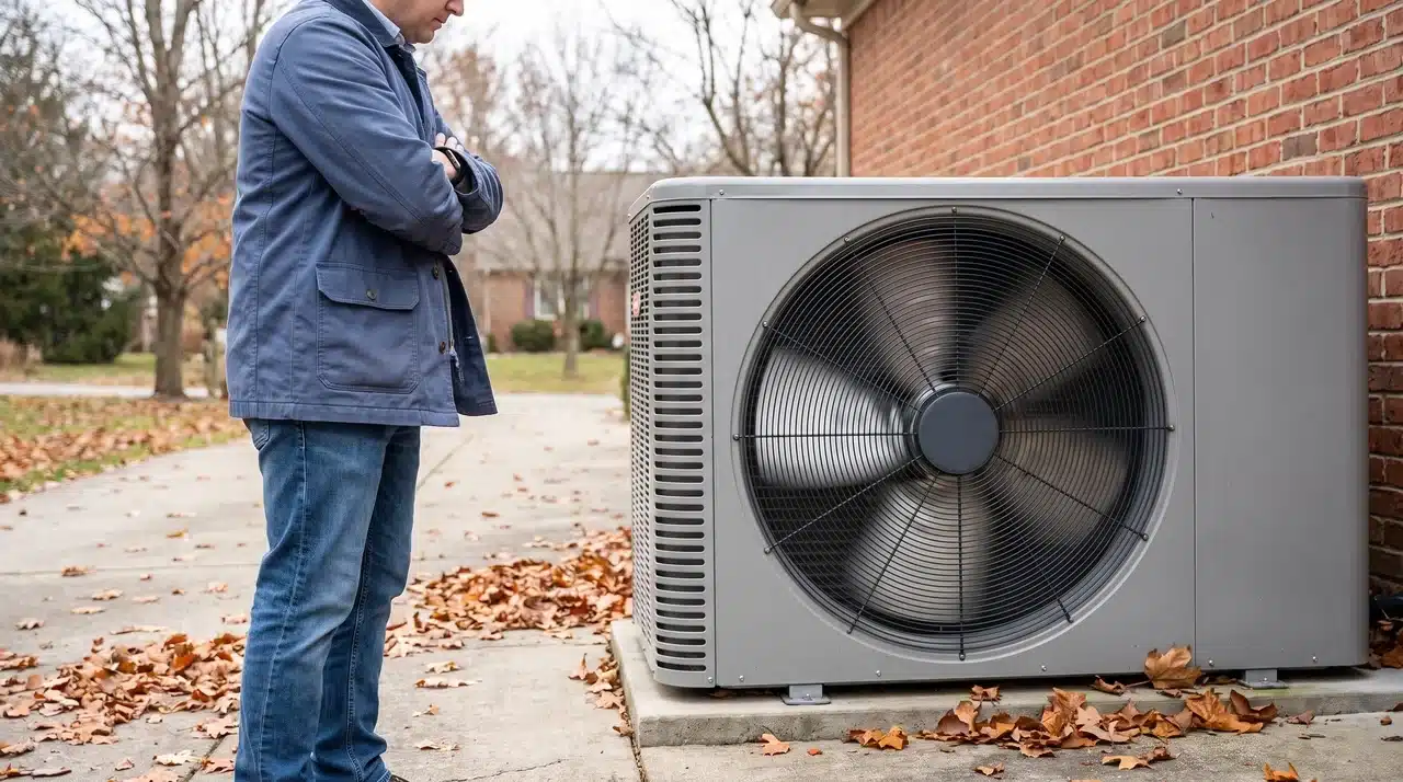 Homeowner in a navy jacket standing on a driveway watching an actively running outdoor heat pump condenser unit on a cool autumn day.