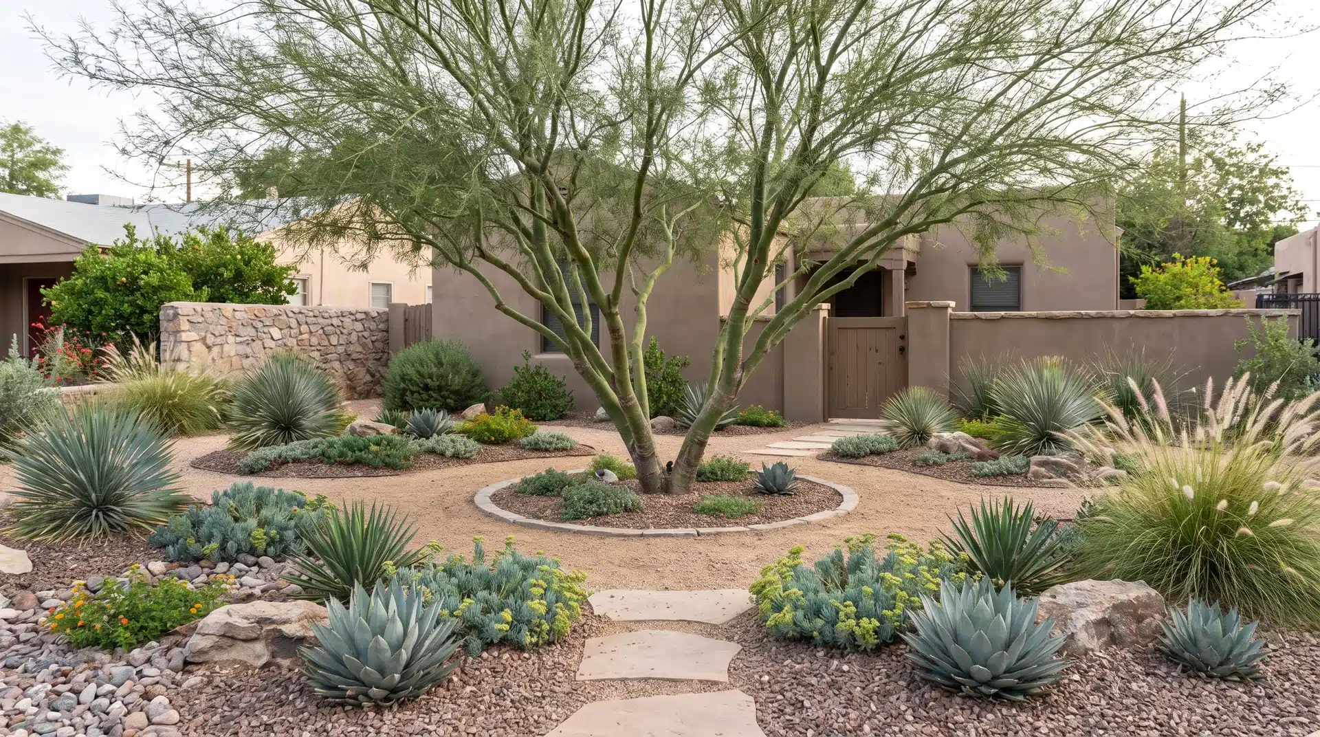 Single drought-tolerant tree used as a focal point in a simple xeriscape yard layout