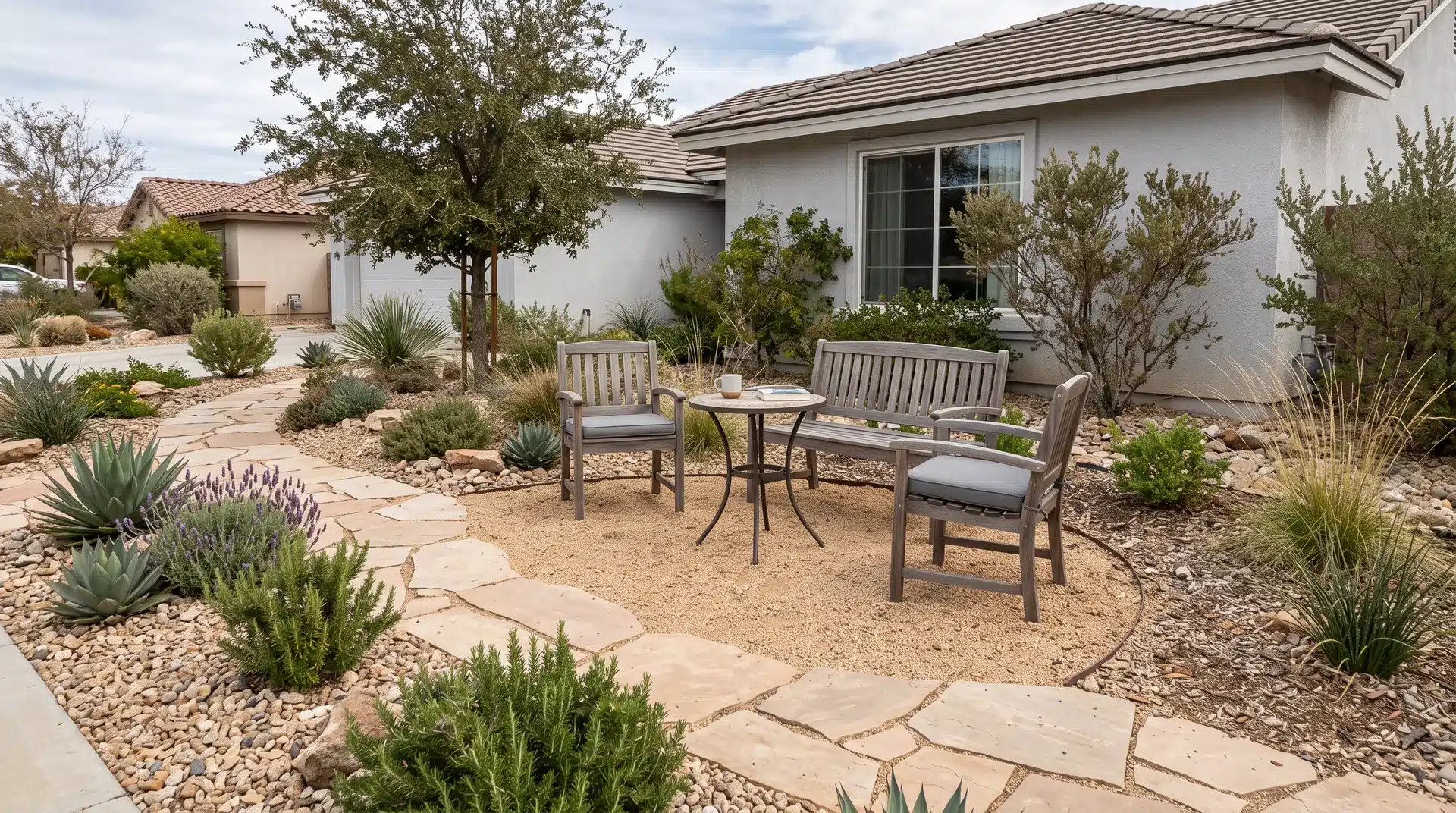 Small gravel seating area with simple furniture and open space in a xeriscape front yard