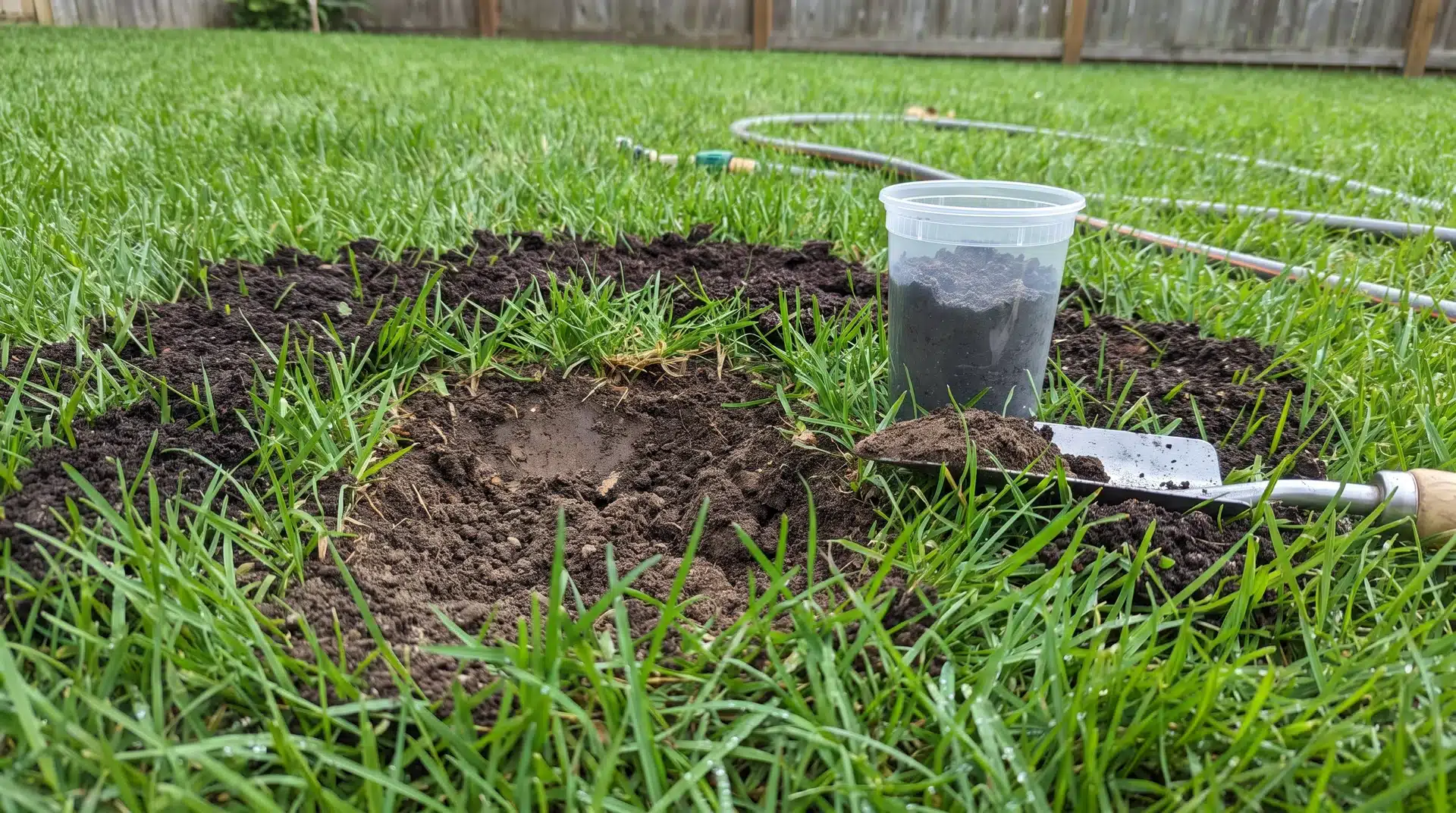 Soil test kit and compost applied lightly across an existing lawn surface