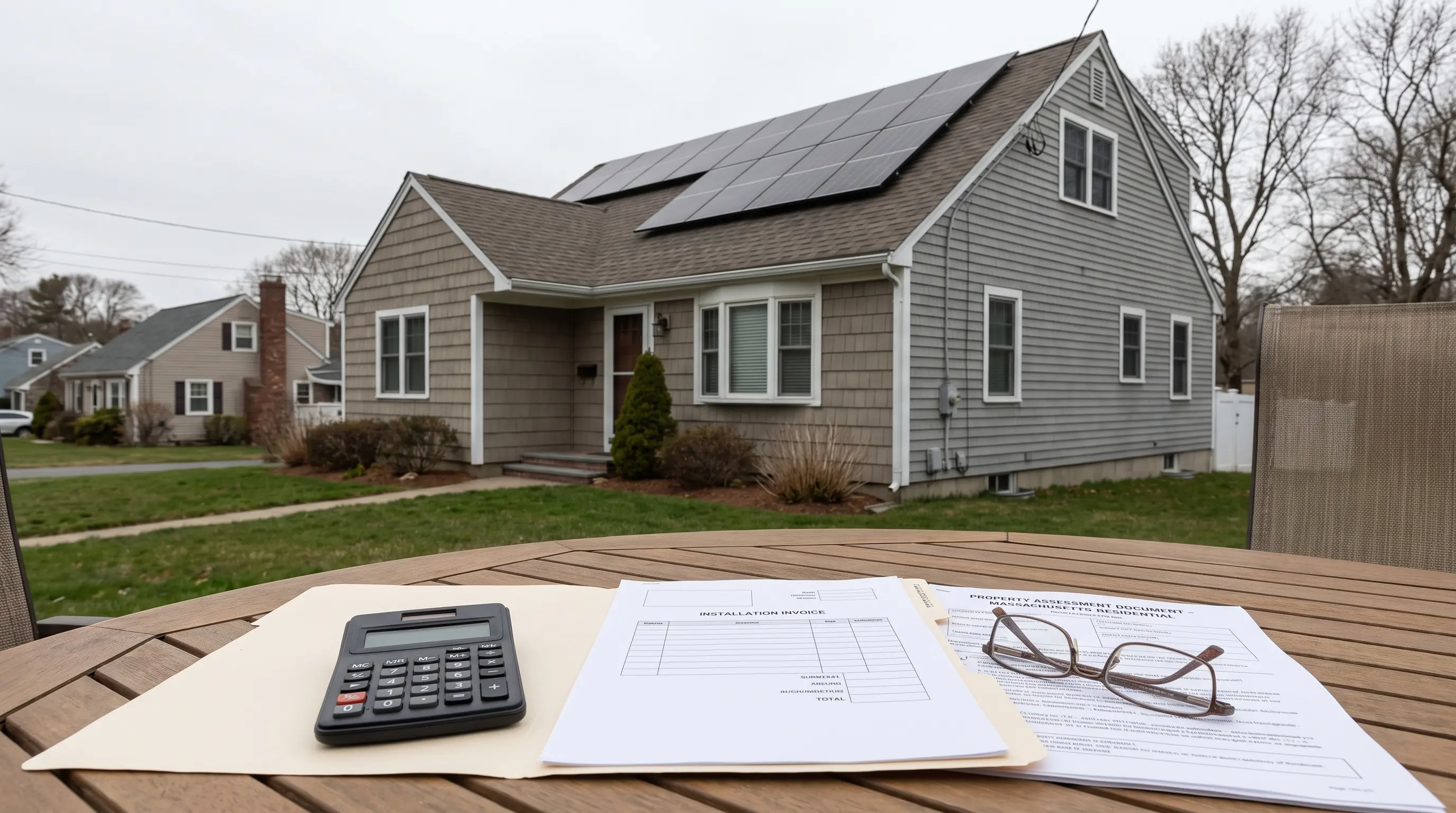 Solar-equipped Massachusetts home with documents representing sales and property tax savings.