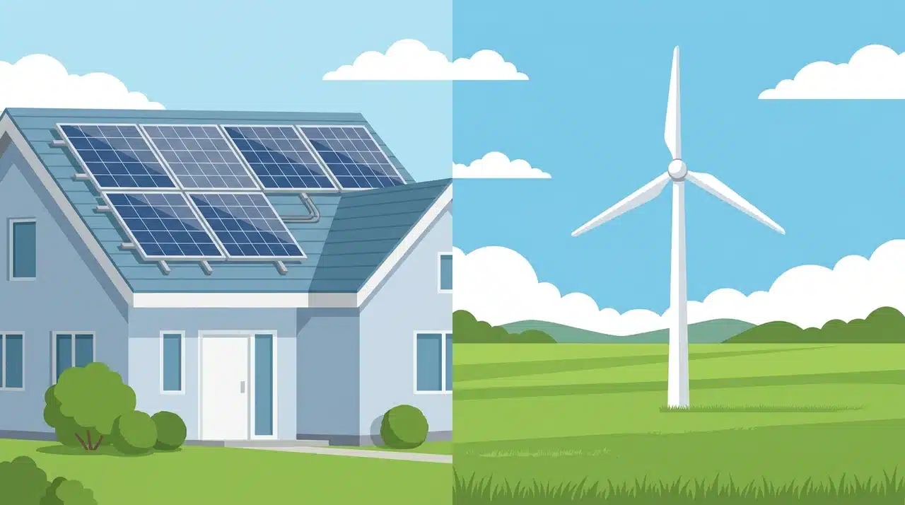 Solar panel and wind turbine shown side by side