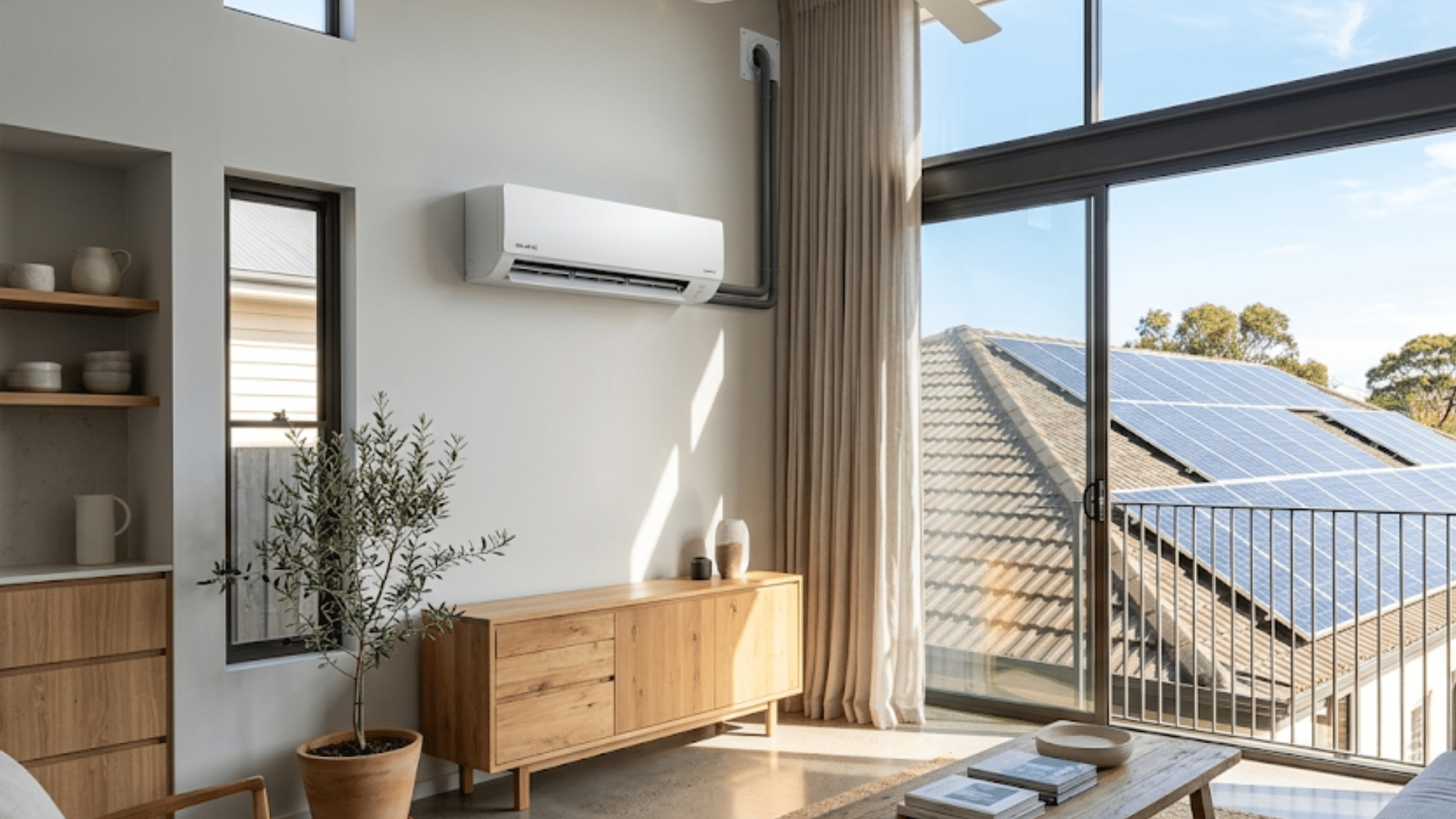 Solar-powered air conditioner cooling a modern room while rooftop photovoltaic panels generate electricity under bright sunlight during peak daytime hours