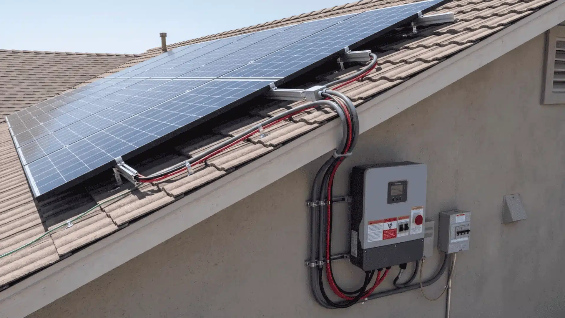 Solar PV system components showing panels, inverter, mounting structure, and electrical connections.