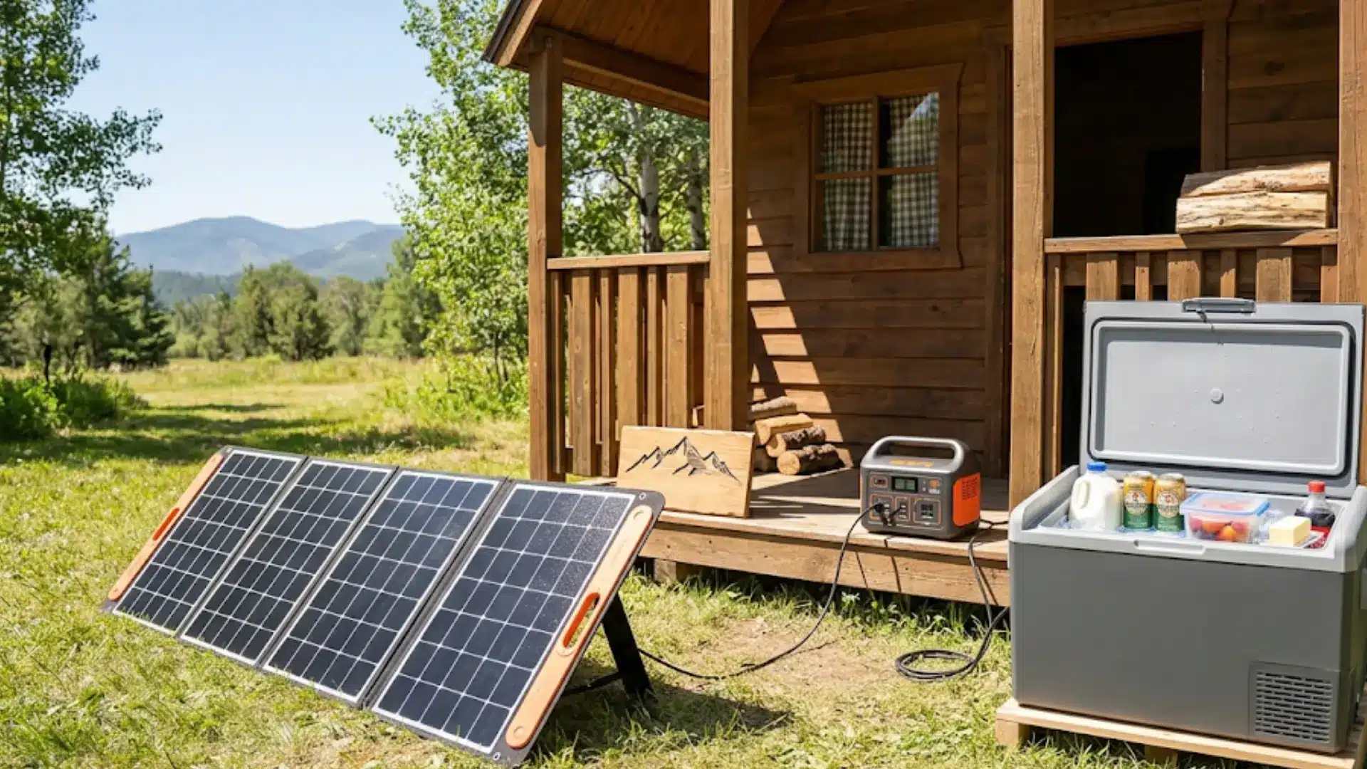 Portable solar refrigerator connected to folding photovoltaic panels keeps food and drinks cold beside an off-grid cabin campsite outdoors daily