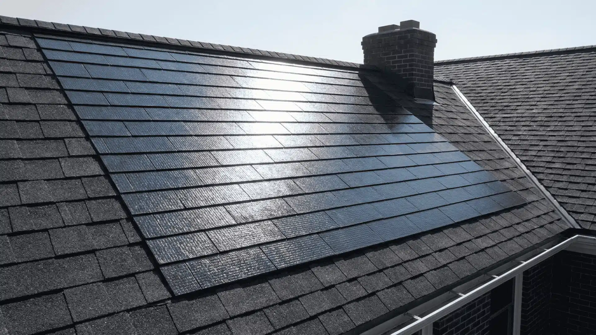 Solar shingles installed flush across part of a sloped residential roof