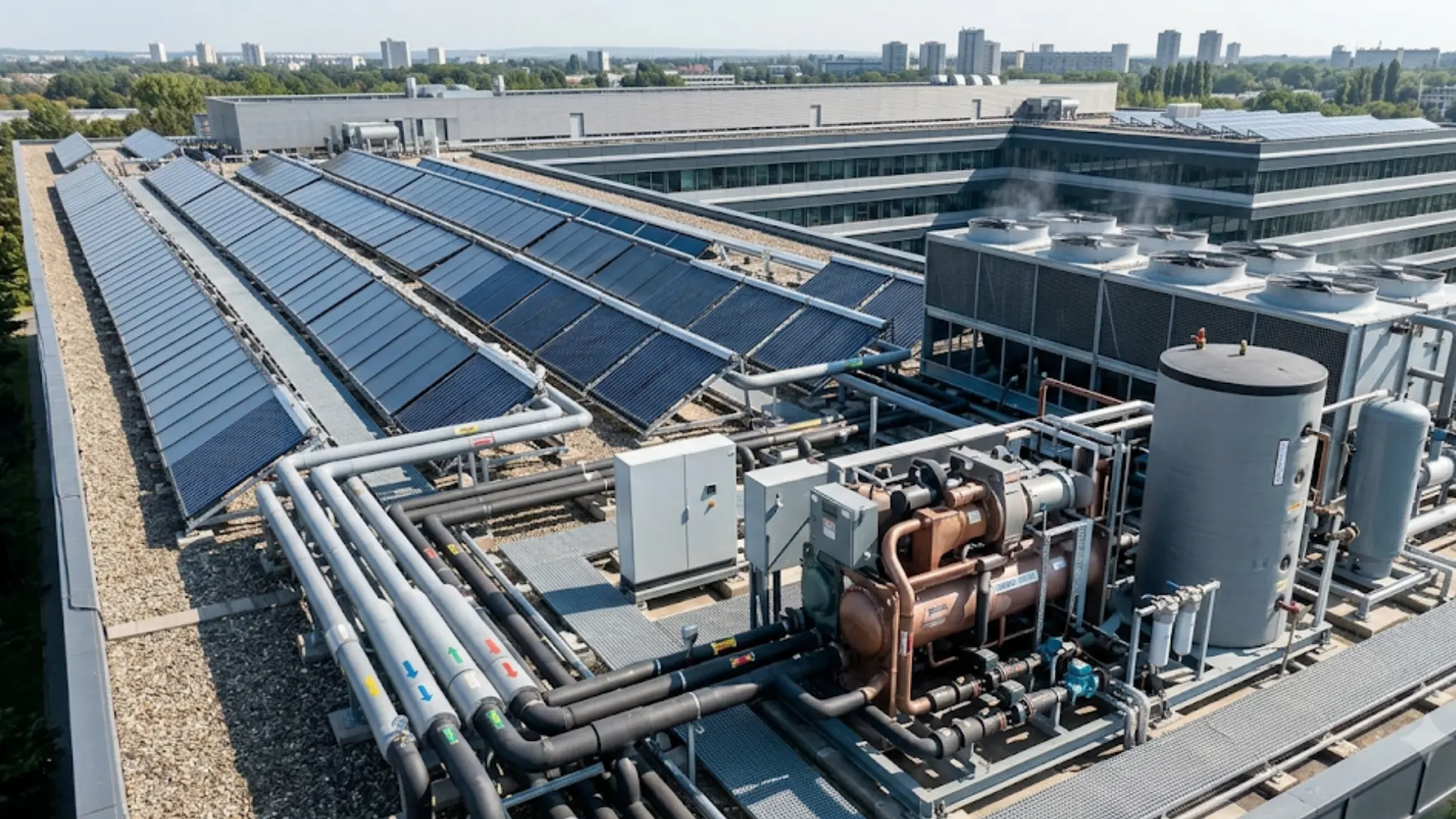 Rooftop solar thermal collectors power an absorption chiller connected to pumps, tanks, and cooling equipment inside commercial building mechanical room