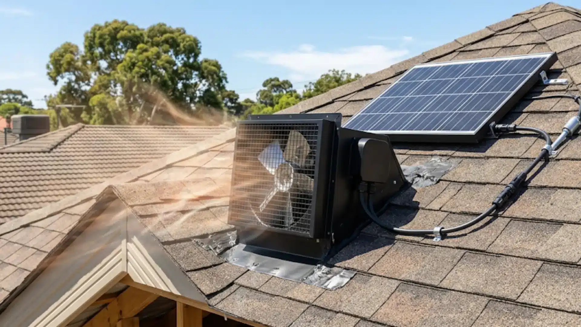 Roof-mounted solar ventilation fan removes trapped hot air from an attic using electricity generated by compact panel in sunlight efficiently