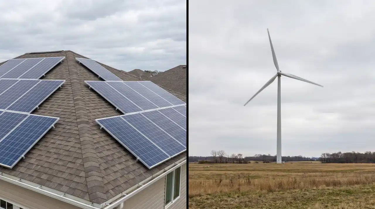 Solar panels on a home roof and a wind turbine on a rural property